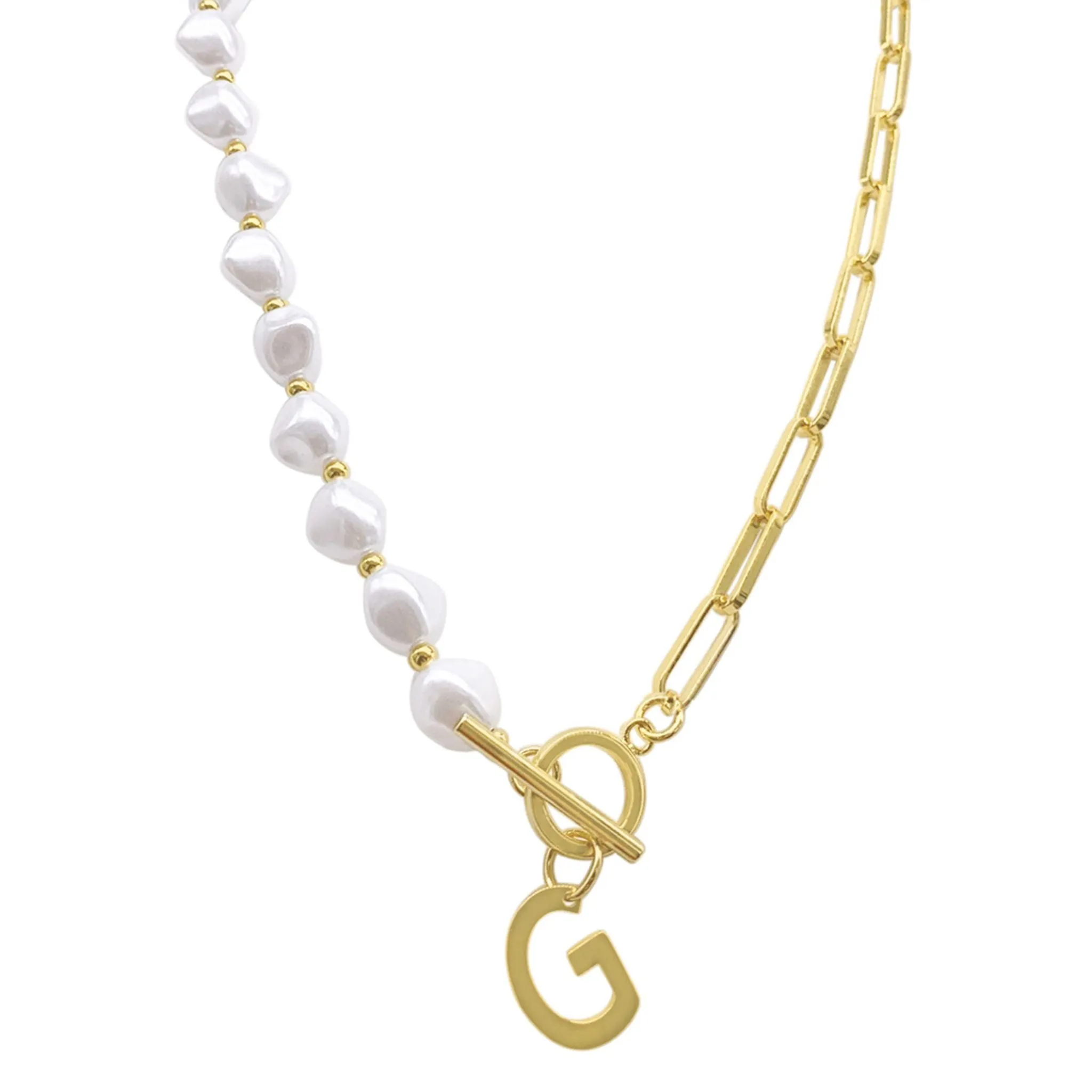 Pearl and Paperclip Chain Initial A Toggle Necklace gold