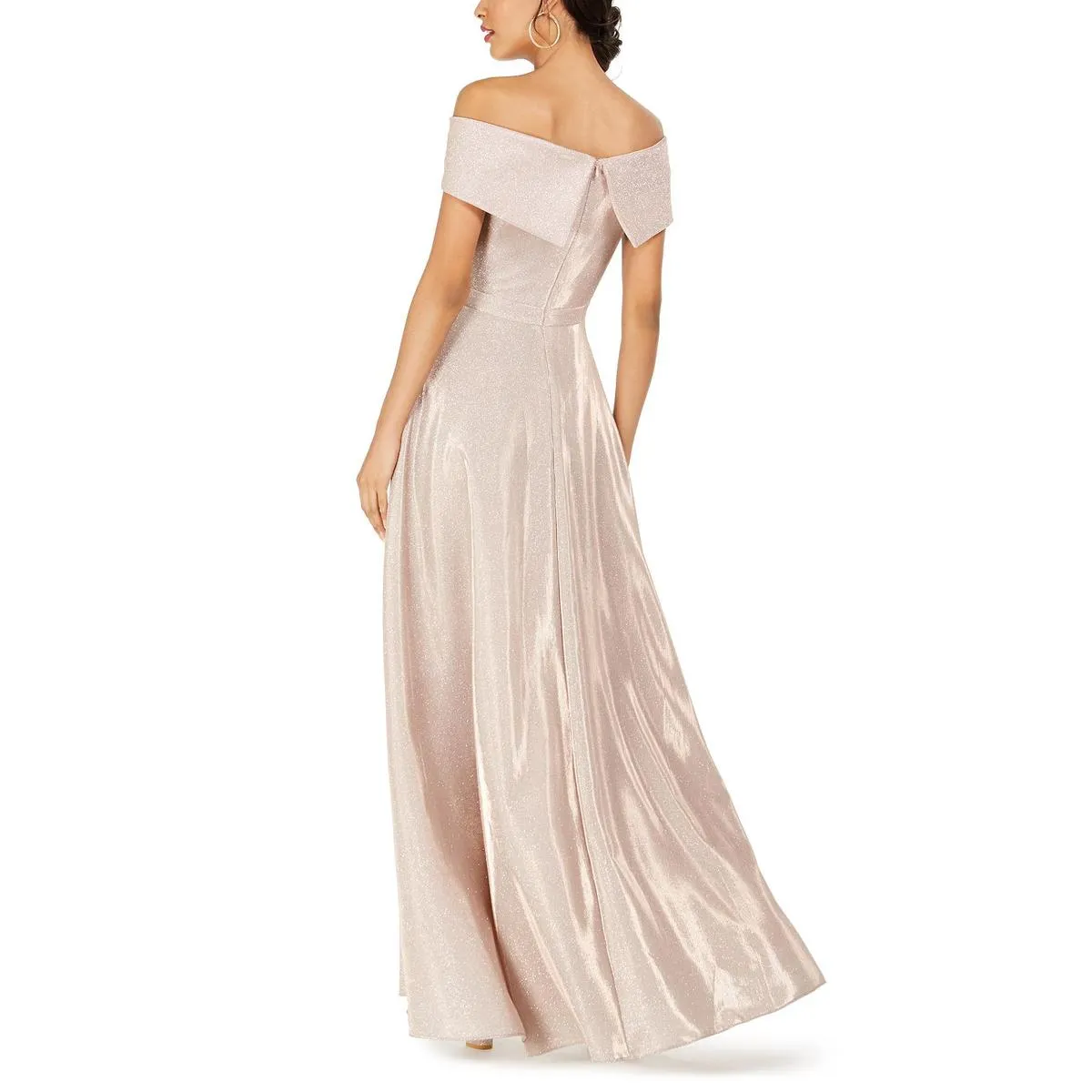 Petites Womens Off-The-Shoulder Glitter Evening Dress