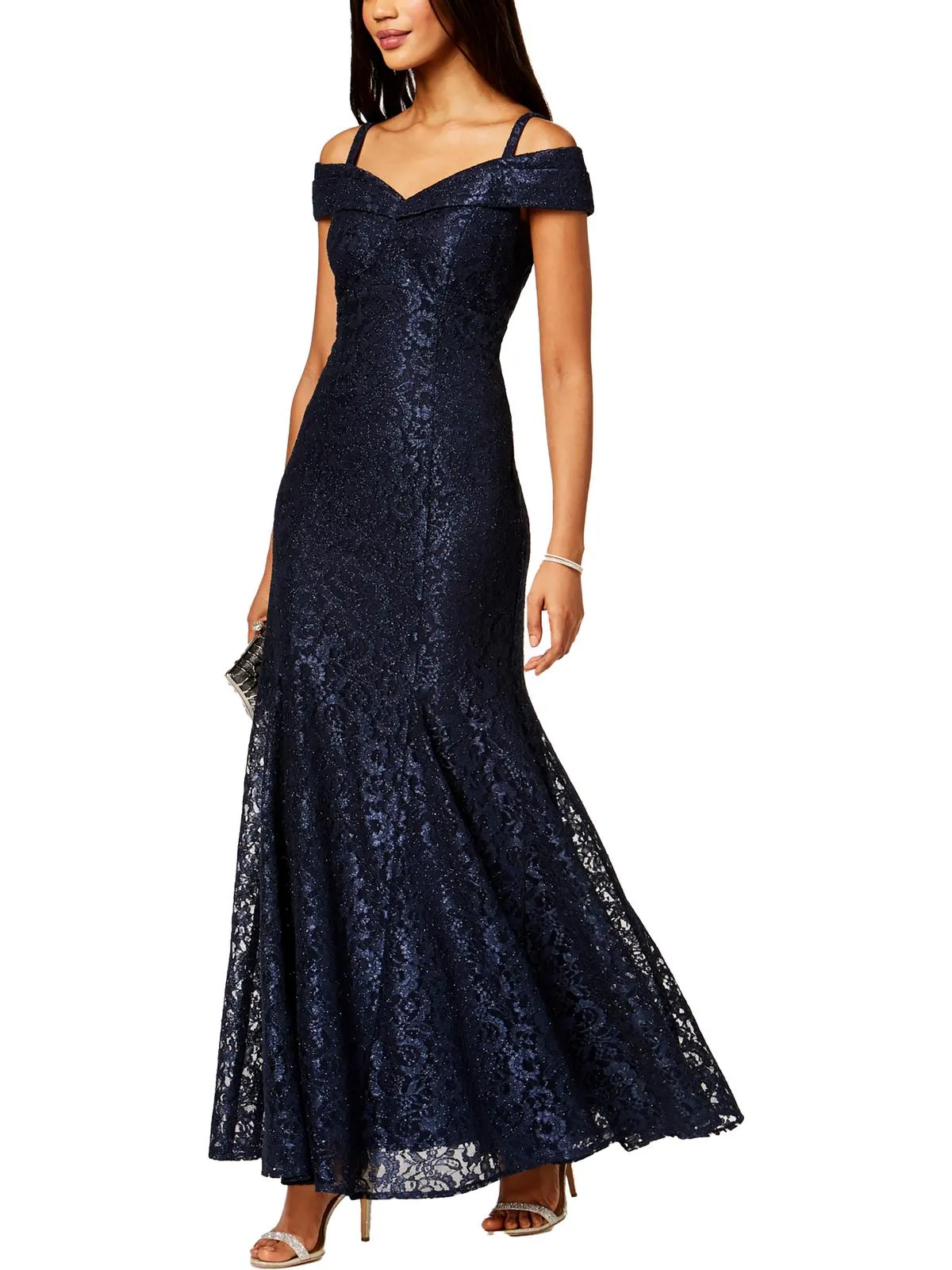 Petites Womens Off-The-Shoulder Lace Evening Dress
