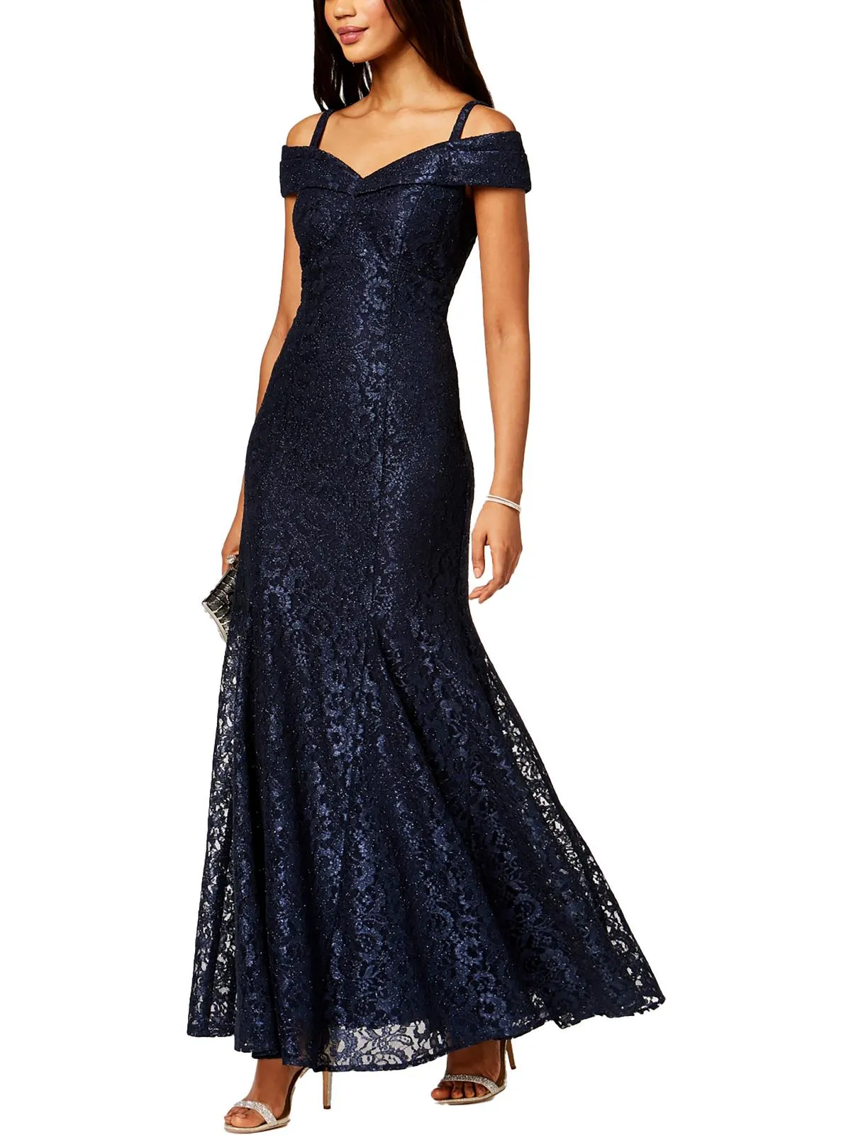 Petites Womens Off-The-Shoulder Lace Evening Dress
