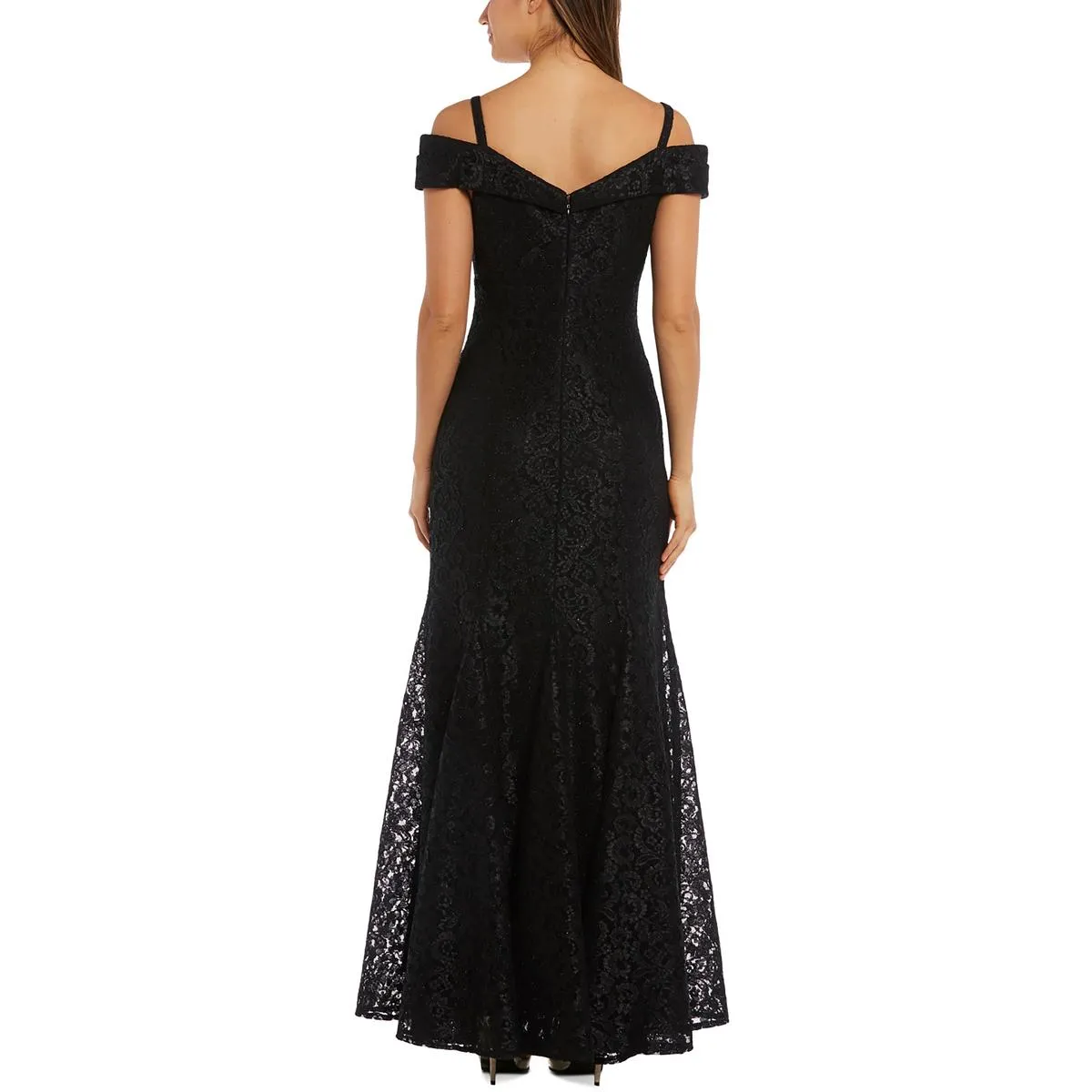 Petites Womens Off-The-Shoulder Lace Evening Dress
