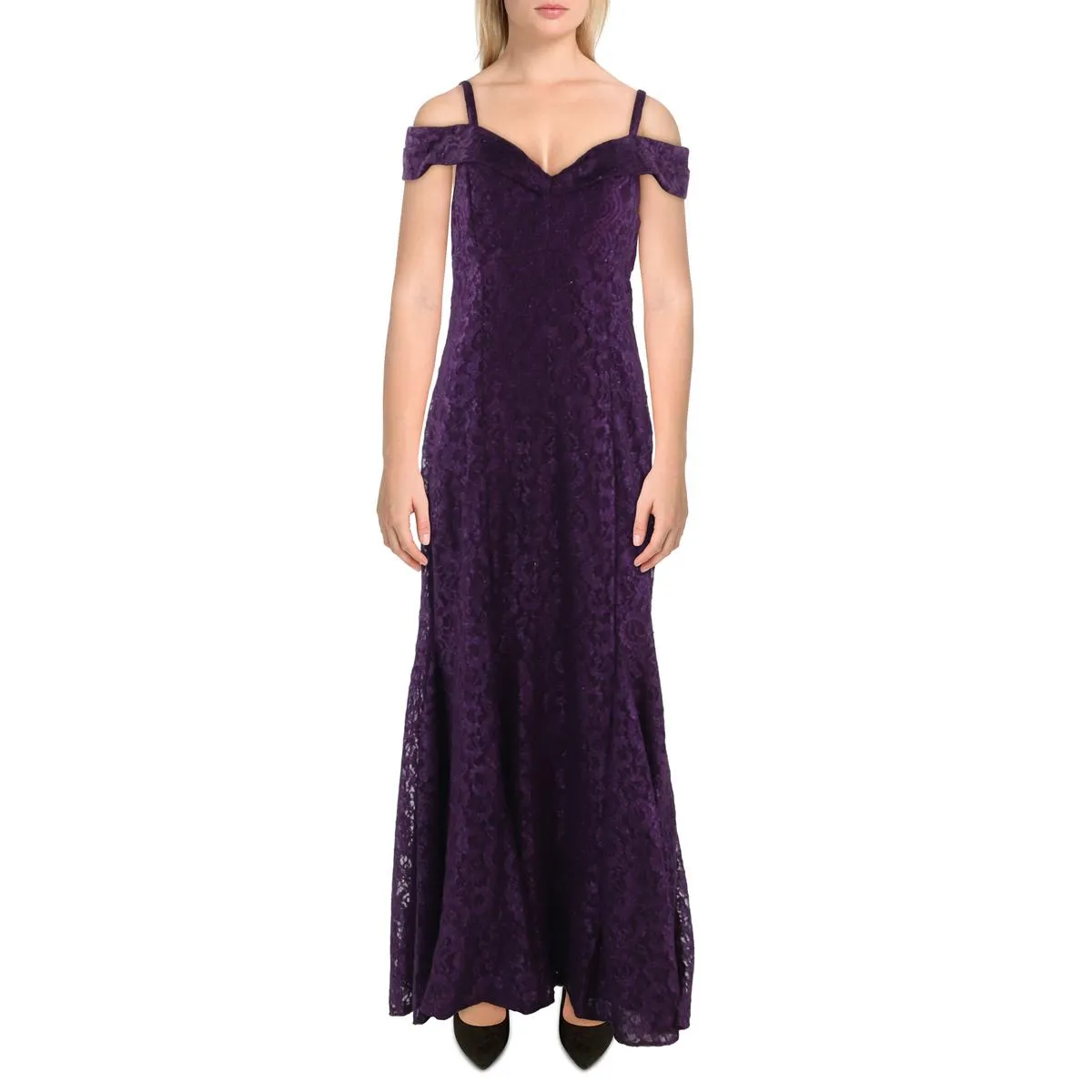 Petites Womens Off-The-Shoulder Lace Evening Dress