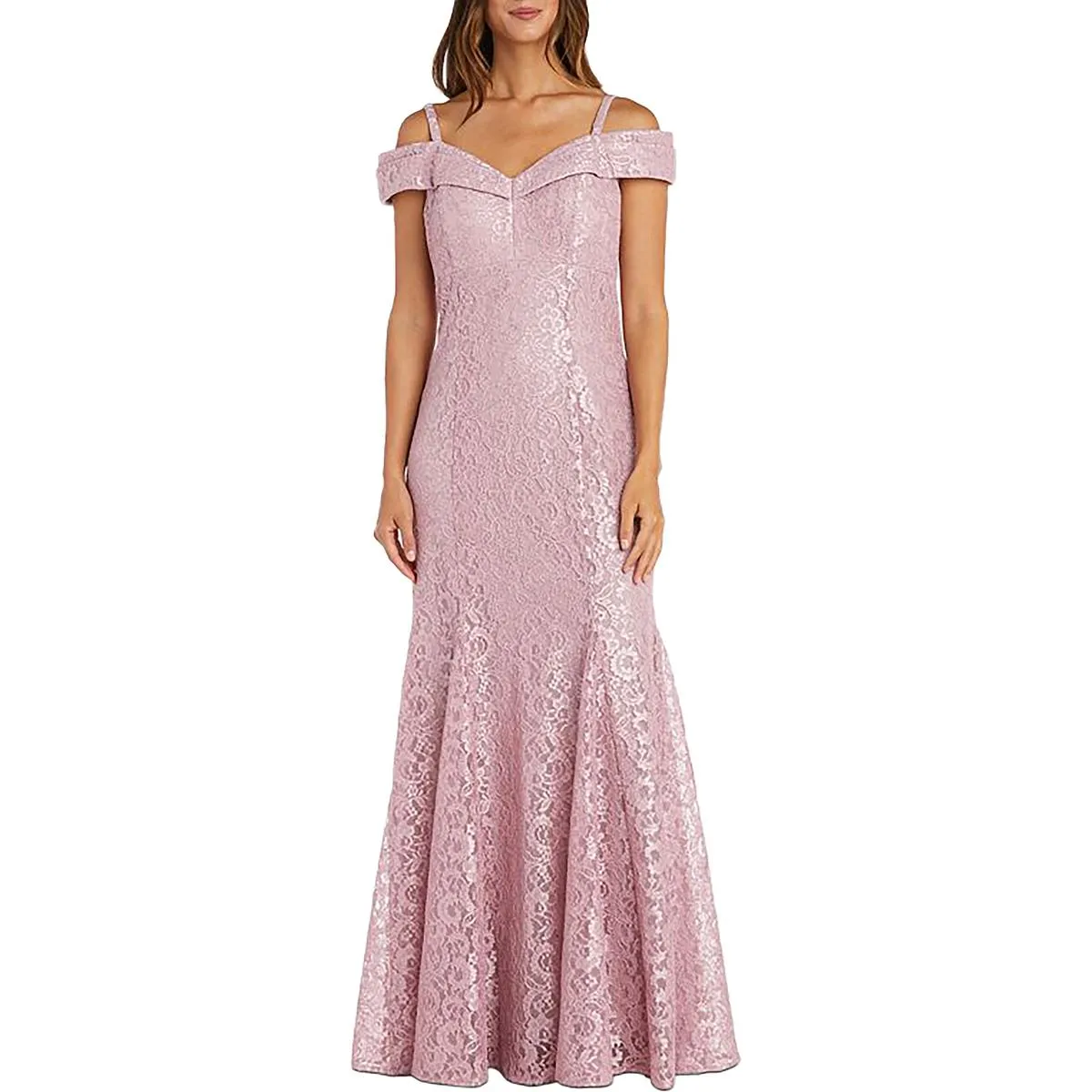 Petites Womens Off-The-Shoulder Lace Evening Dress