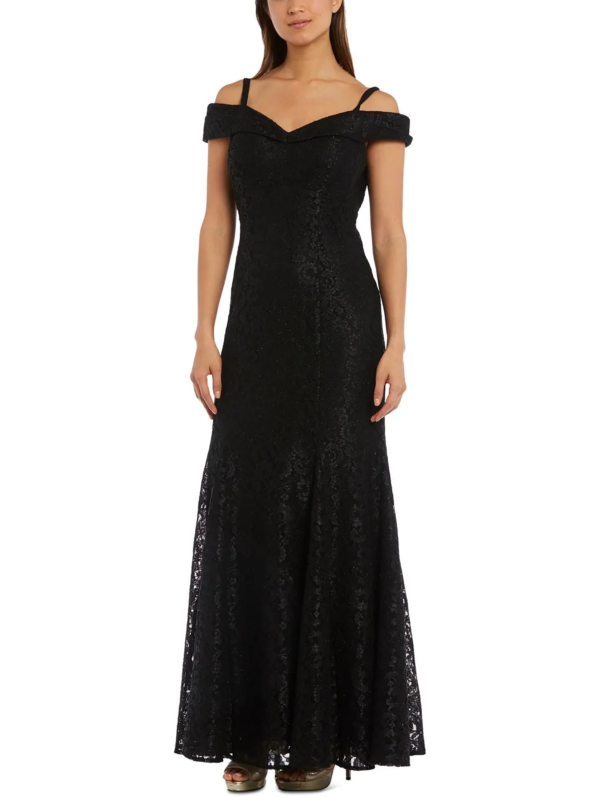 Petites Womens Off-The-Shoulder Lace Evening Dress