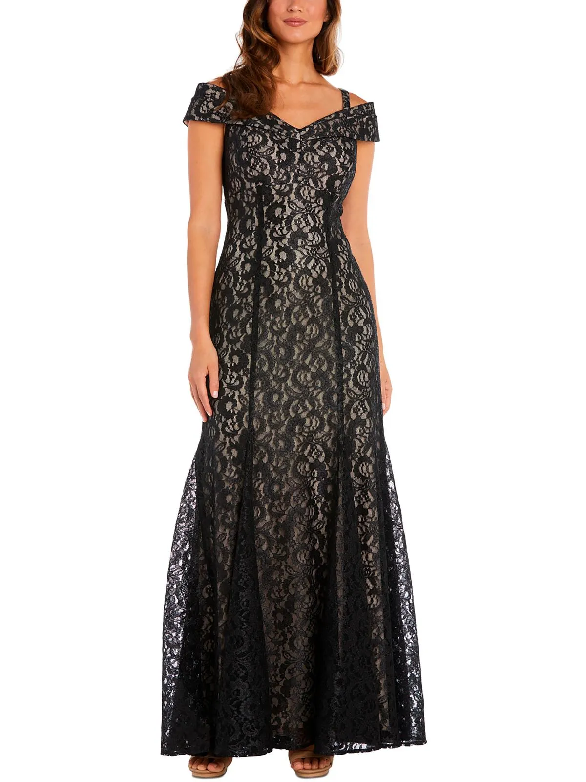 Petites Womens Off-The-Shoulder Lace Evening Dress