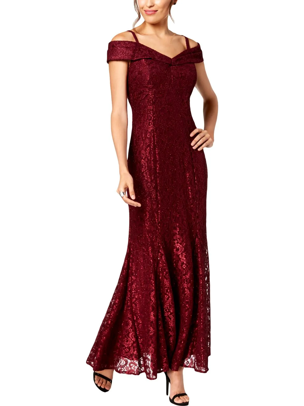 Petites Womens Off-The-Shoulder Lace Evening Dress
