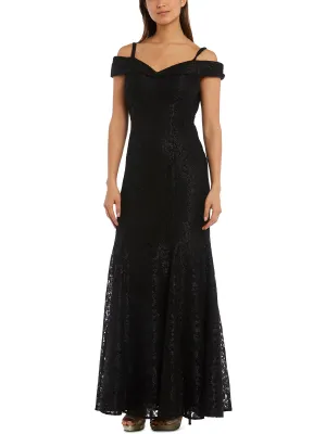 Petites Womens Off-The-Shoulder Lace Evening Dress
