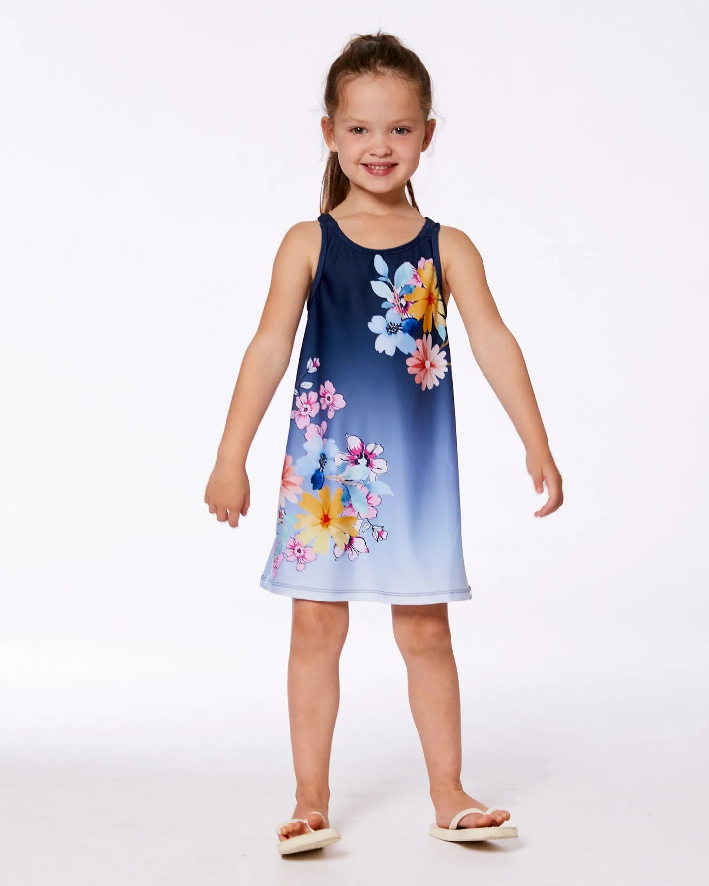 Printed Beach Dress Yellow, Pink Flowers On Navy Blue Background