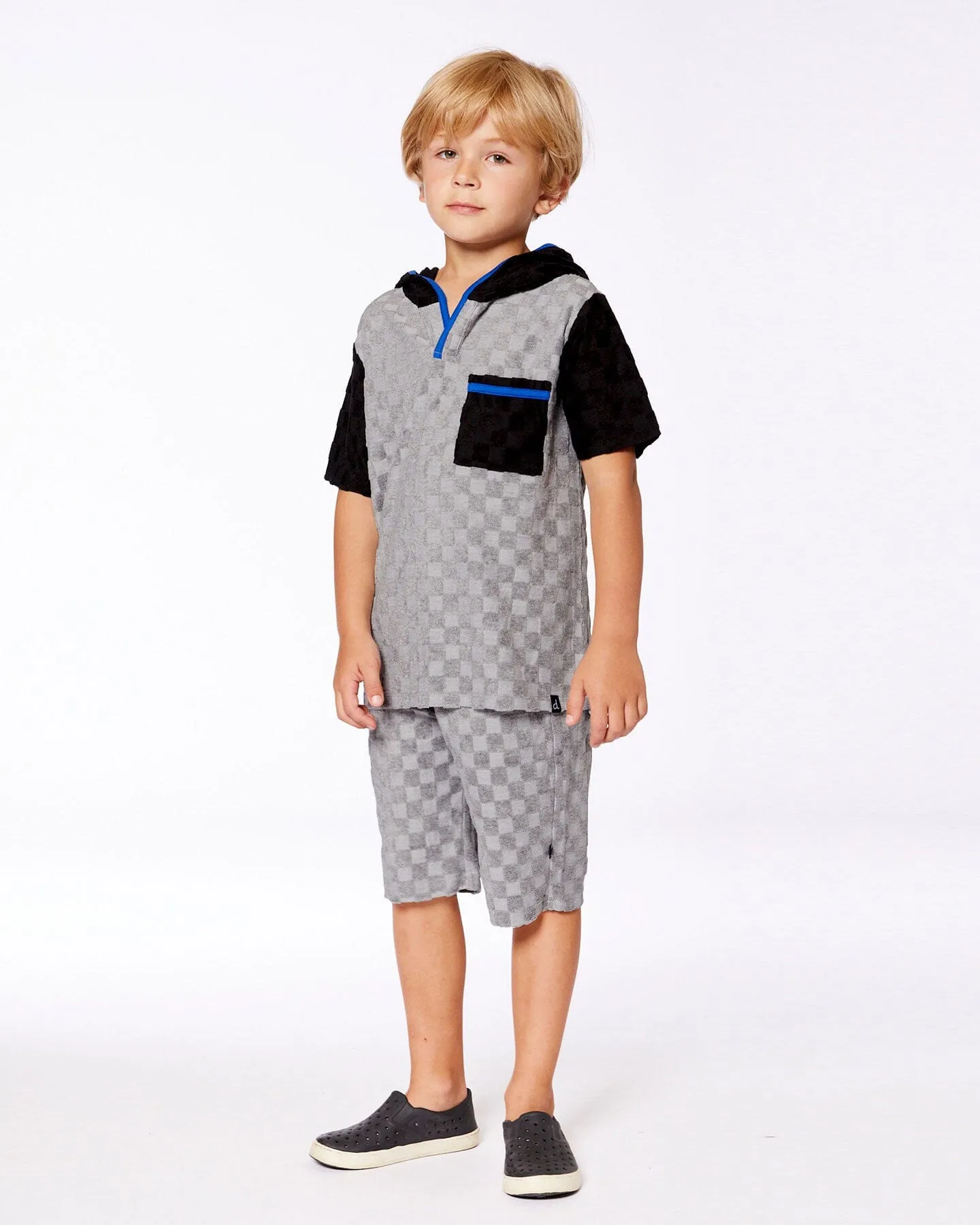 Printed Hooded Terry Top And Shorts Set Gray And Black