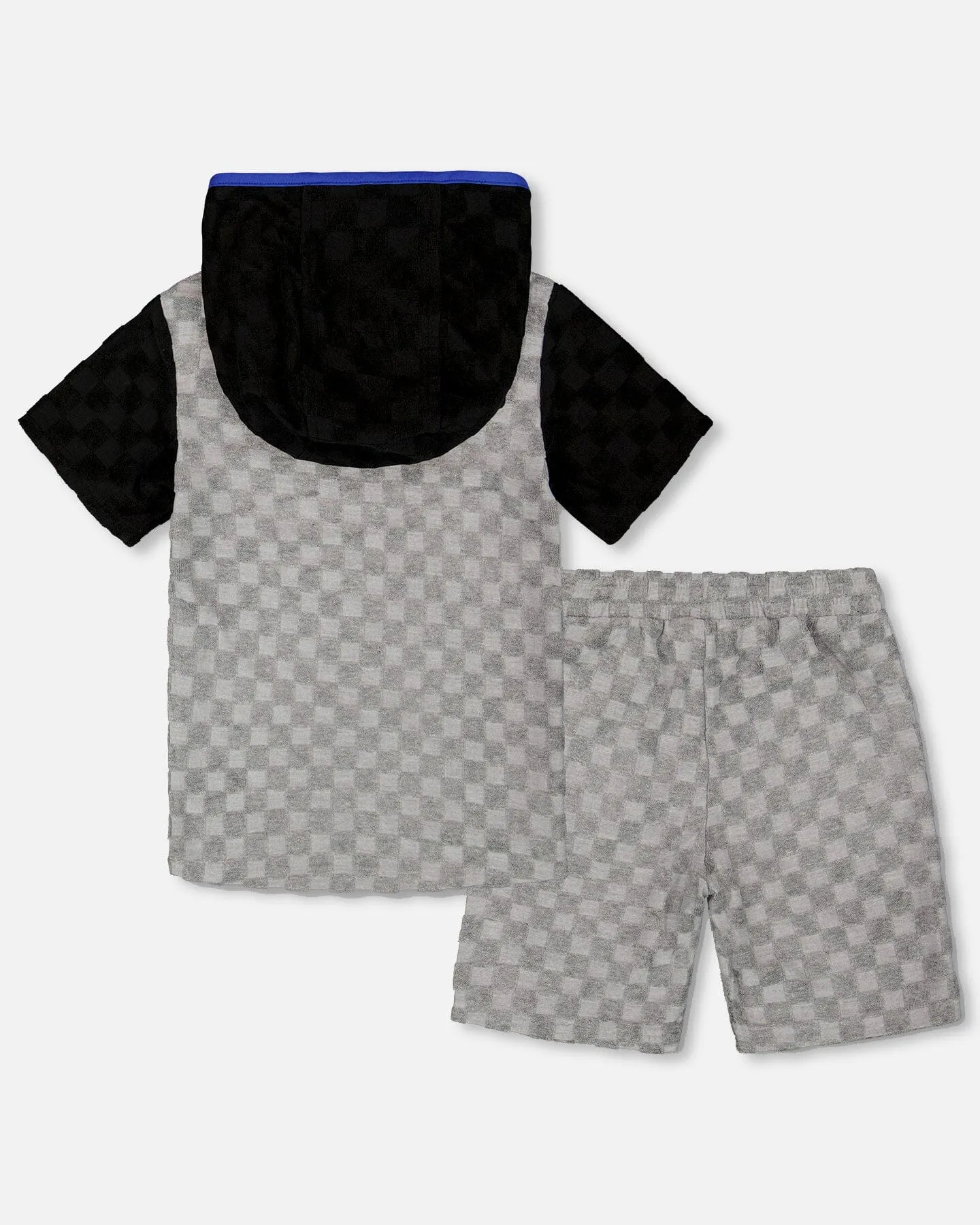 Printed Hooded Terry Top And Shorts Set Gray And Black