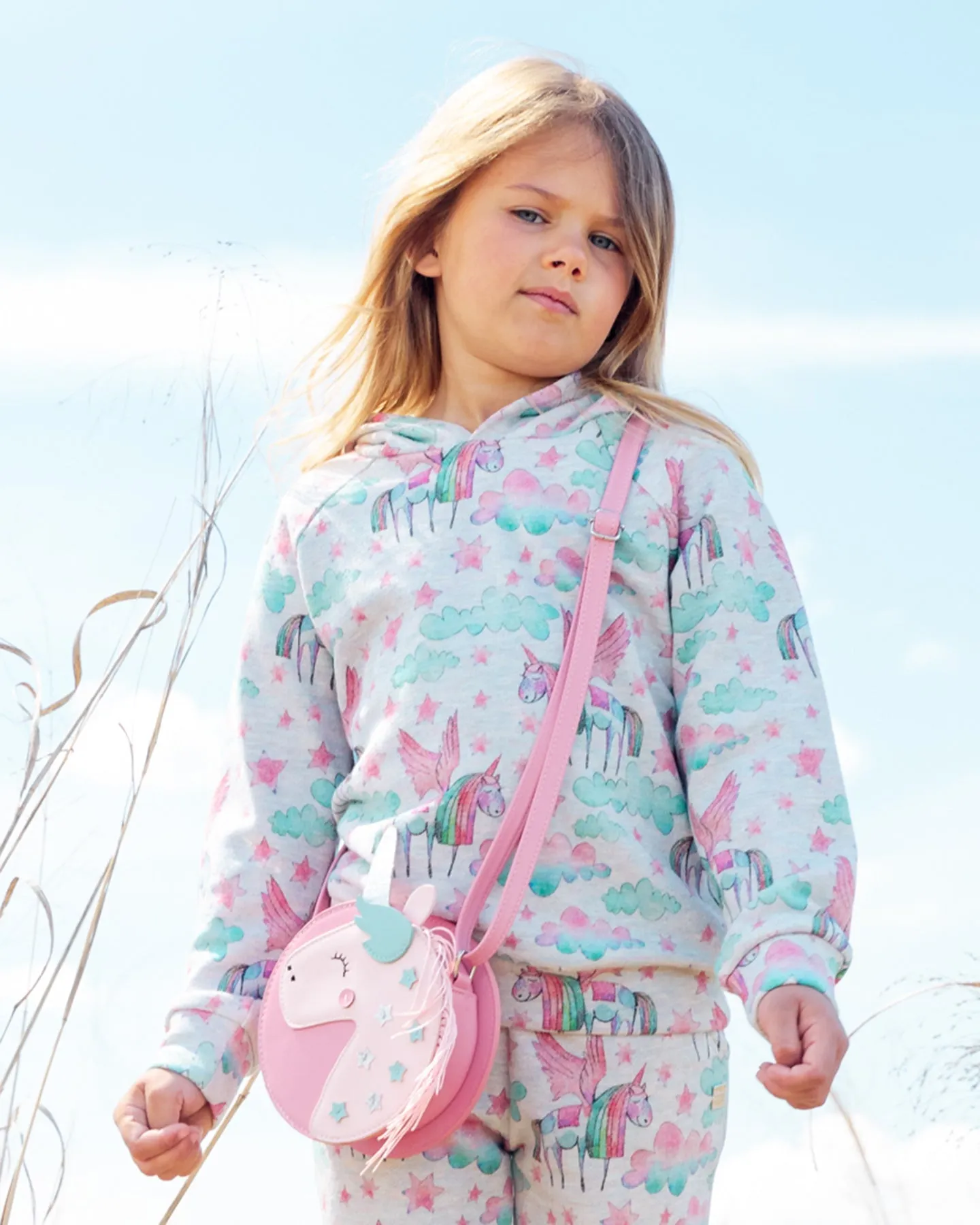 Printed Shiny French Terry Hoodie Gray Mix Printed Unicorn
