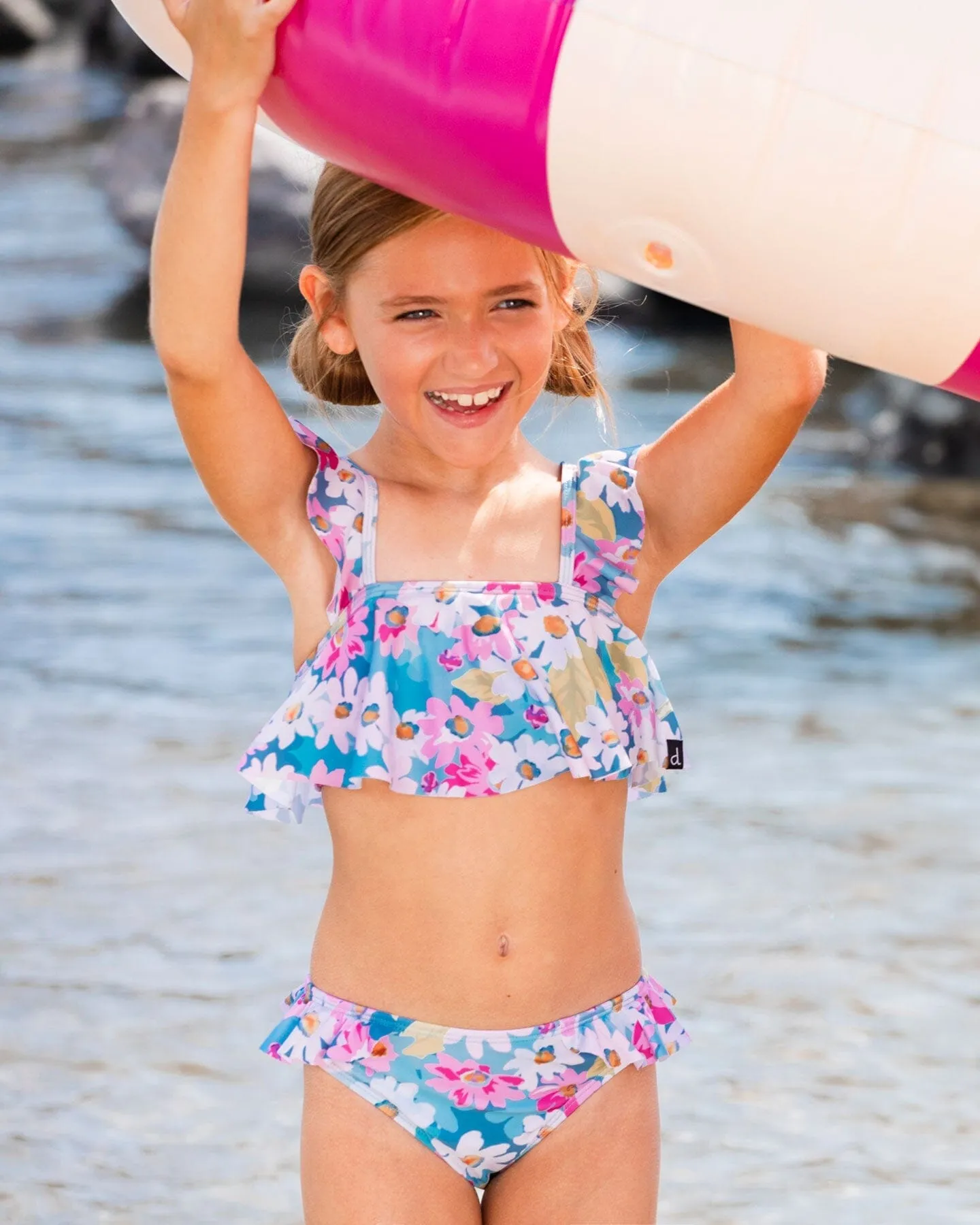 Printed Two-Piece Swimsuit With Frills White, Pink, And Green Flowers