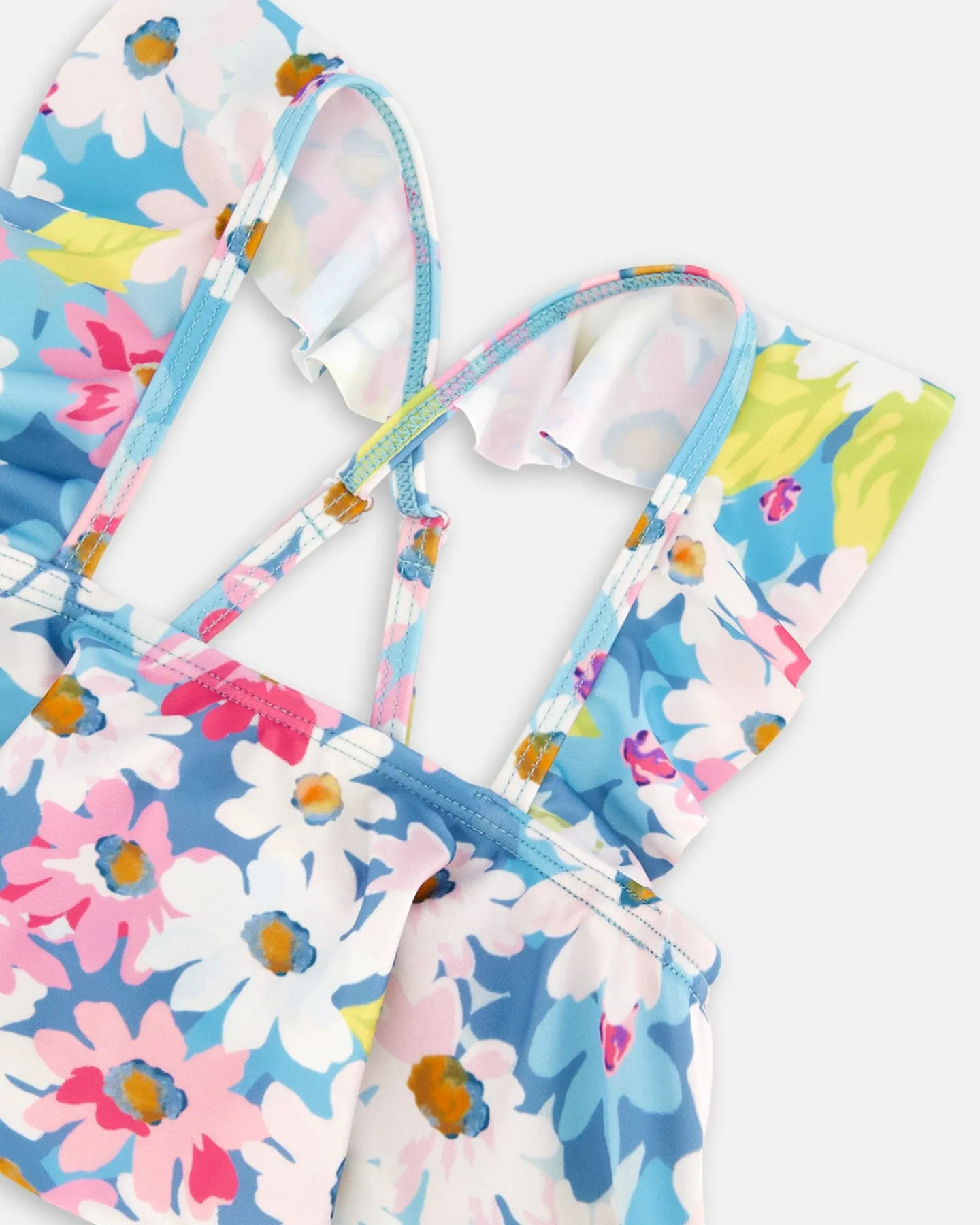 Printed Two-Piece Swimsuit With Frills White, Pink, And Green Flowers