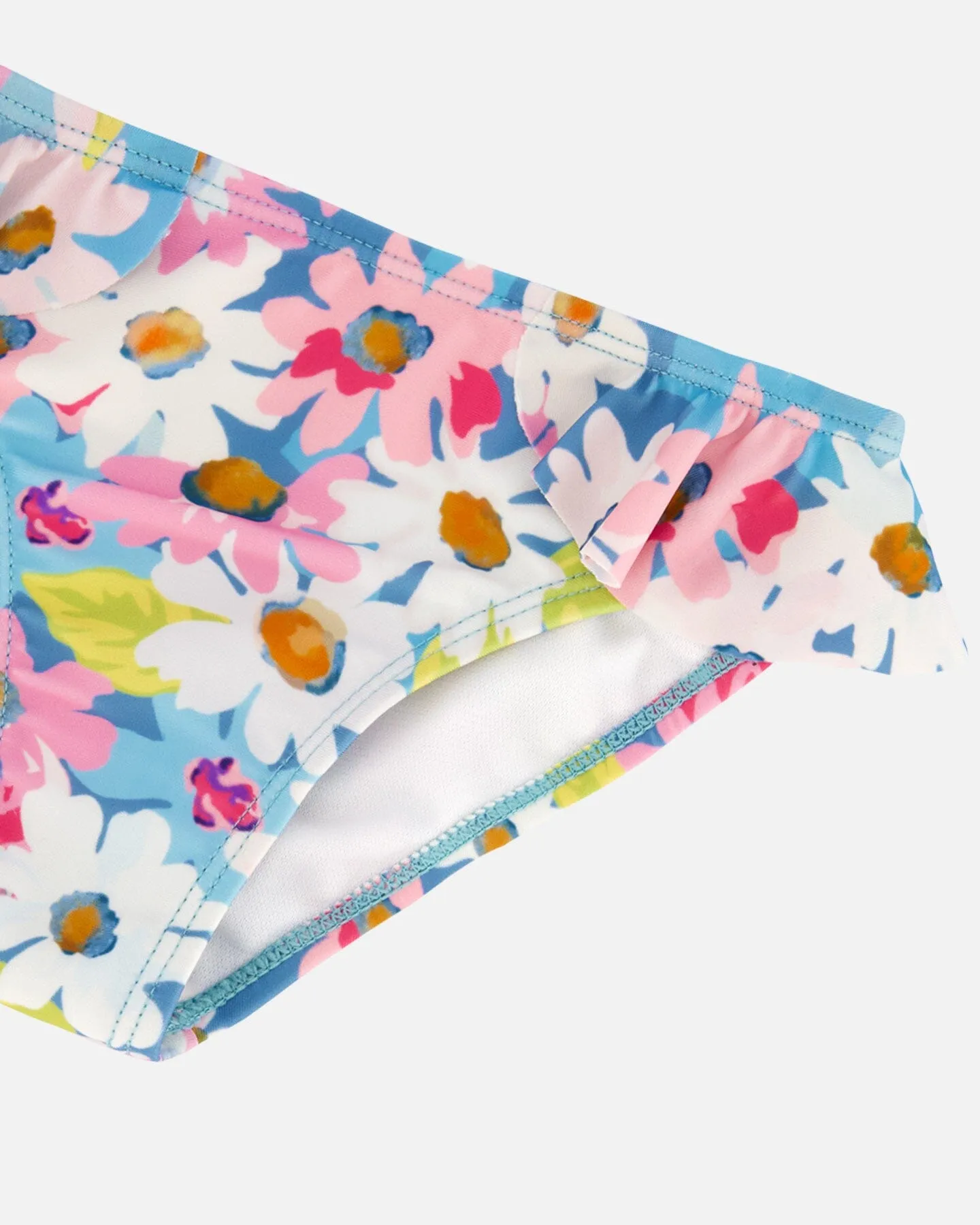 Printed Two-Piece Swimsuit With Frills White, Pink, And Green Flowers