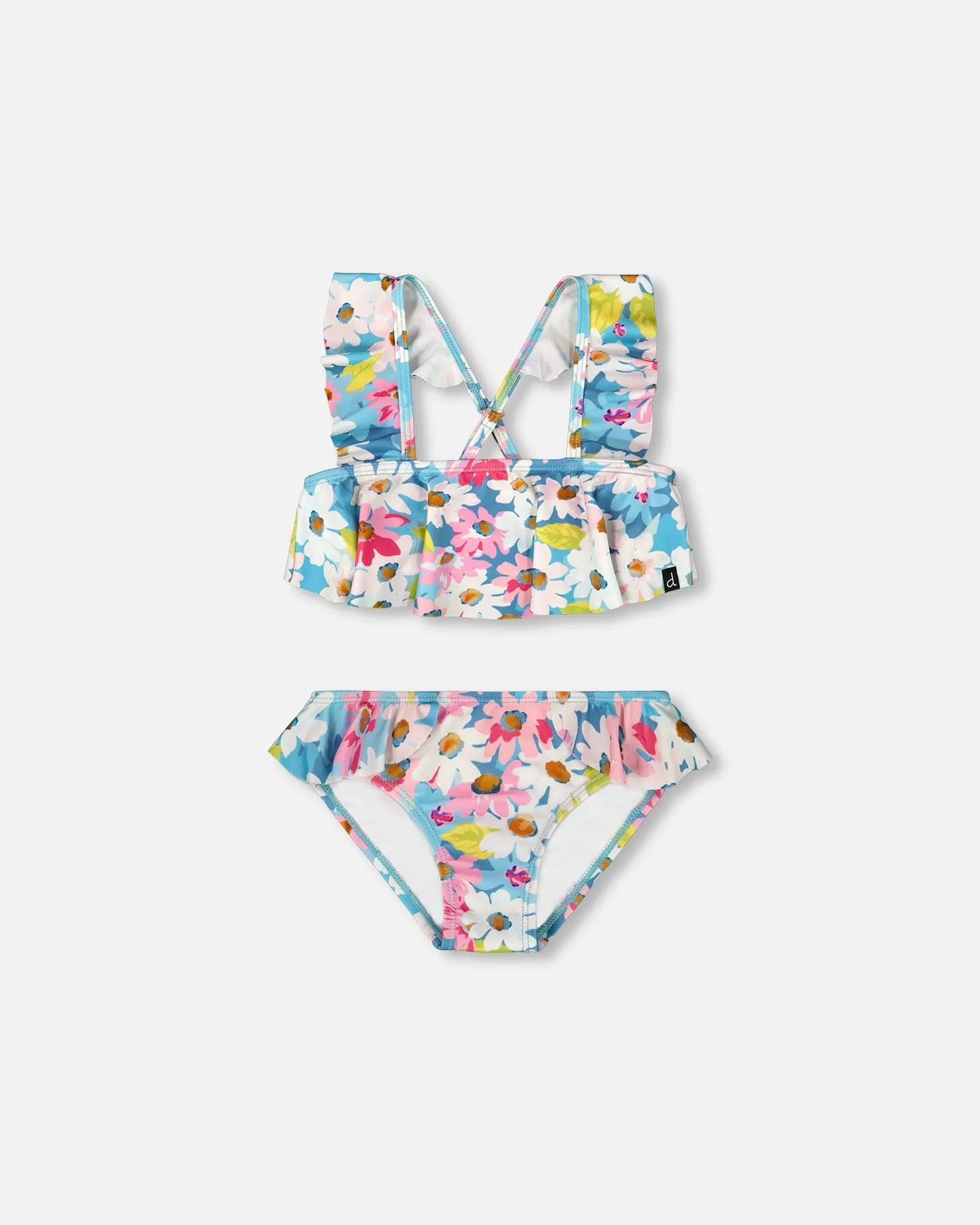 Printed Two-Piece Swimsuit With Frills White, Pink, And Green Flowers