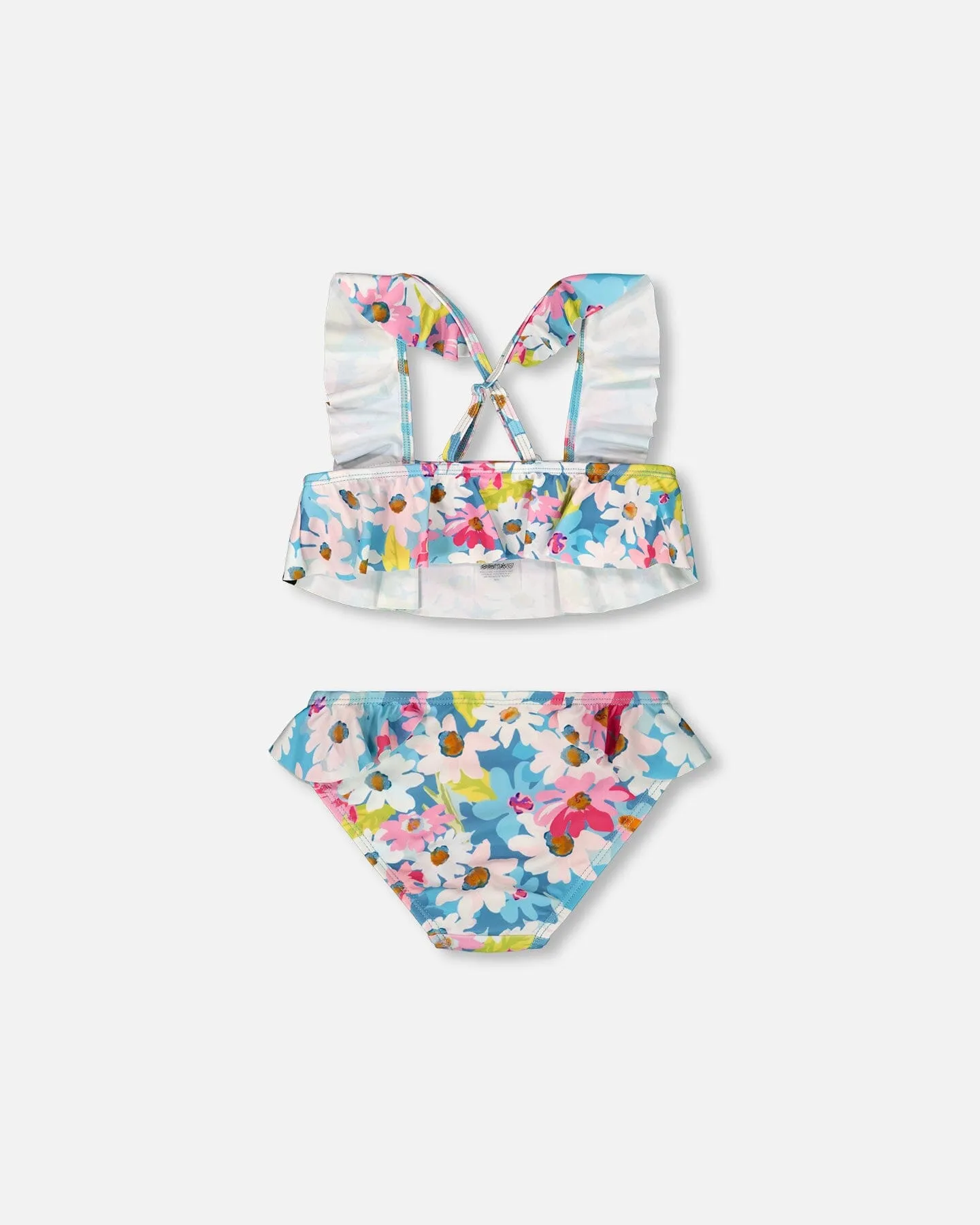 Printed Two-Piece Swimsuit With Frills White, Pink, And Green Flowers