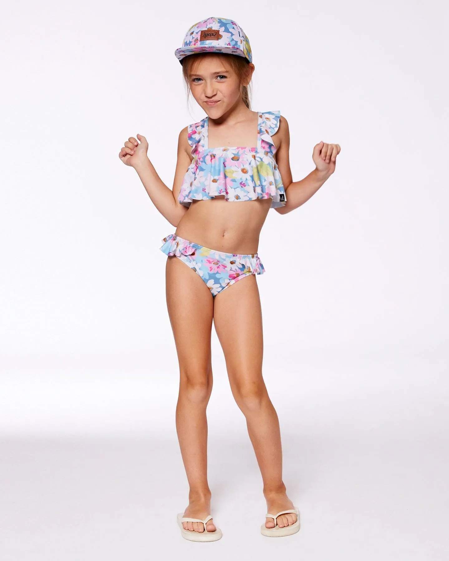 Printed Two-Piece Swimsuit With Frills White, Pink, And Green Flowers