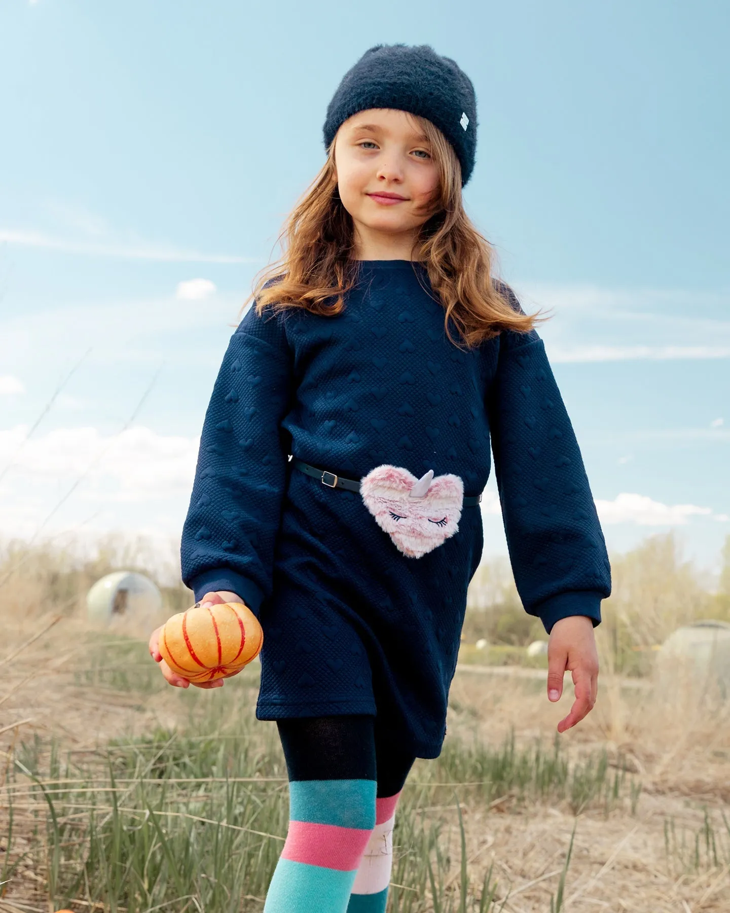 Quilted Heart Fleece Dress With Belt Navy