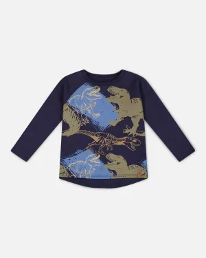 Raglan T-Shirt With Dinosaure Print Navy