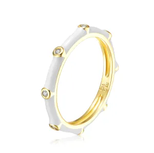 Rg 14k Gold Plated with Diamond Cubic Zirconia Pink Enamel Bamboo Kids/Young Adult Stacking Ring