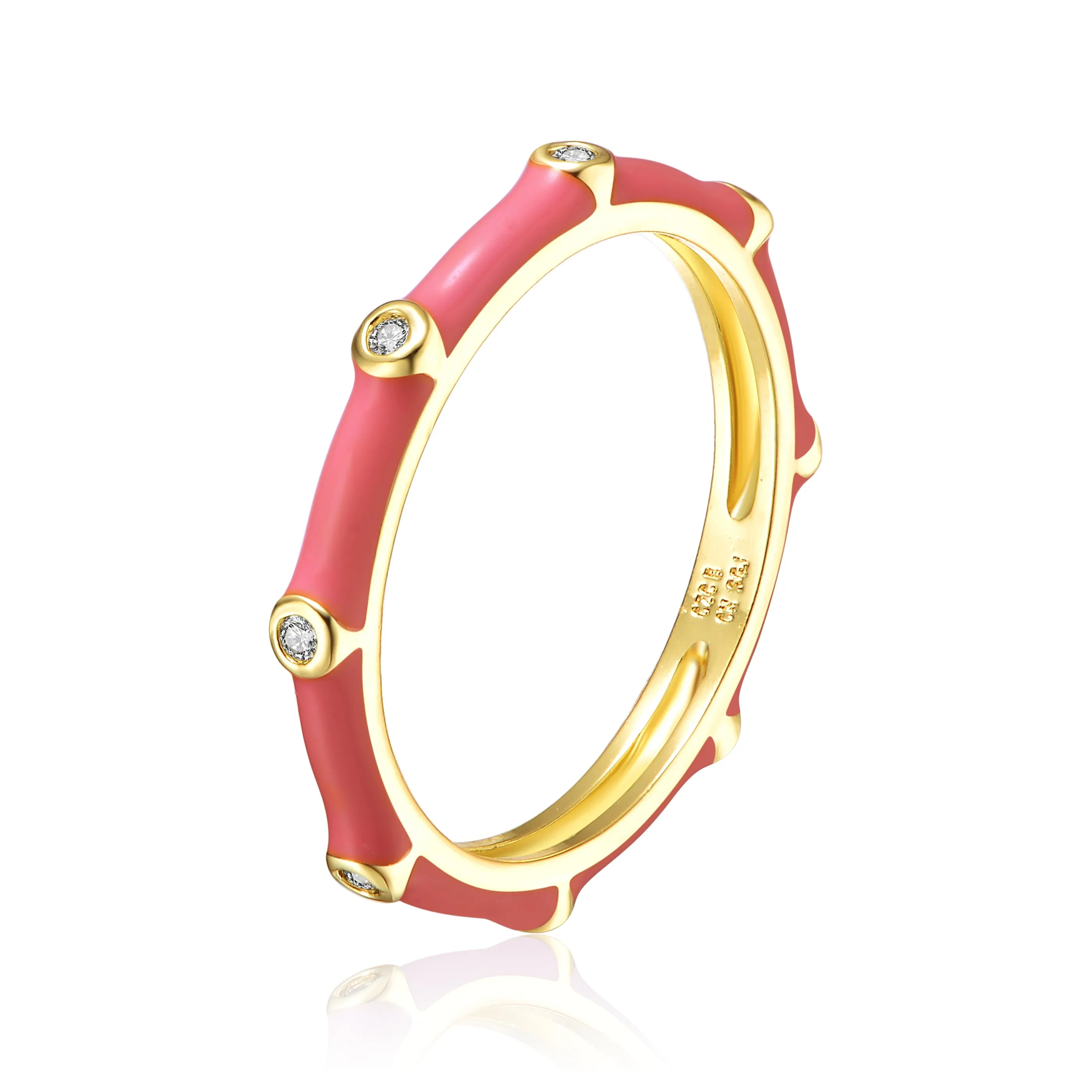 Rg 14k Gold Plated with Diamond Cubic Zirconia Pink Enamel Bamboo Kids/Young Adult Stacking Ring