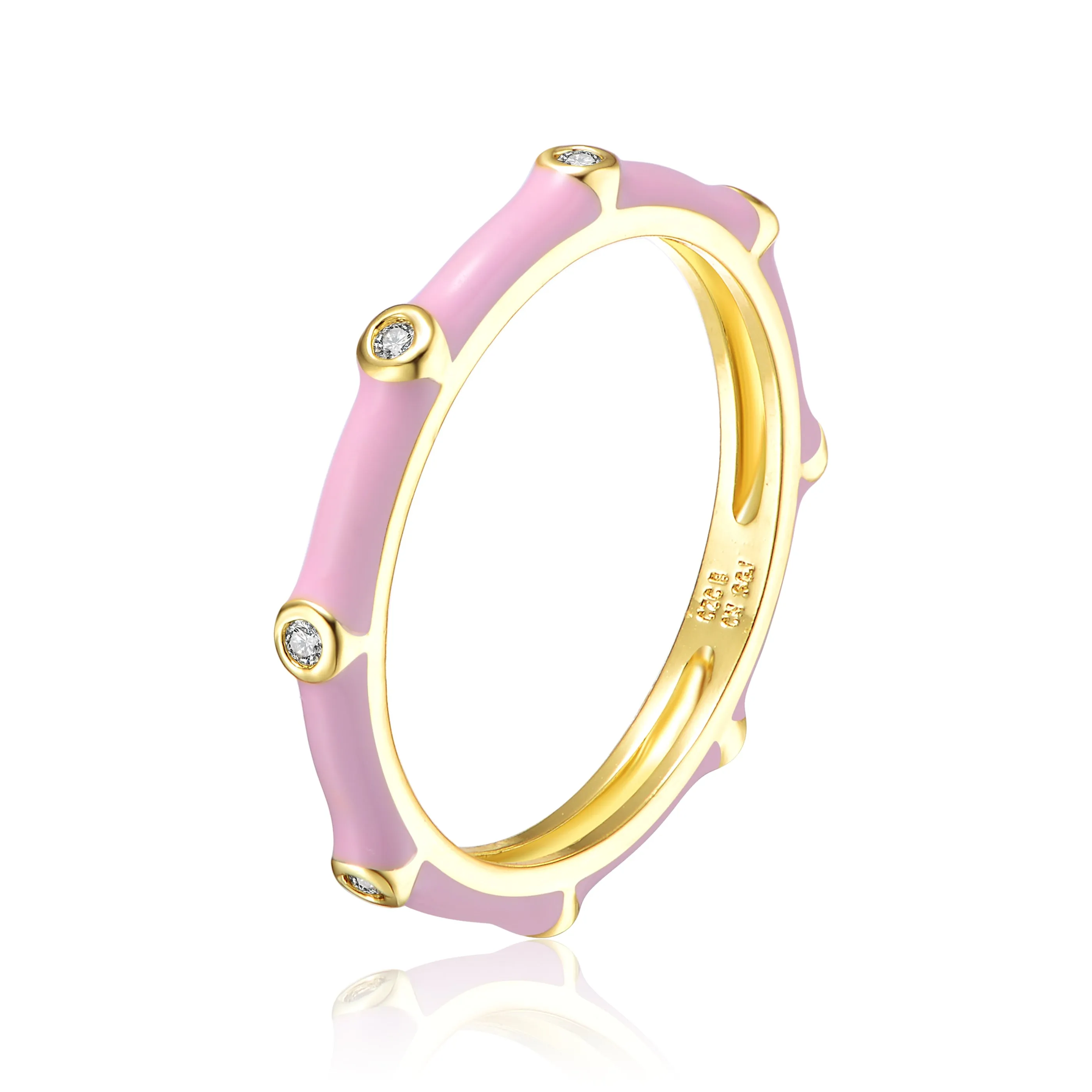 Rg 14k Gold Plated with Diamond Cubic Zirconia Pink Enamel Bamboo Kids/Young Adult Stacking Ring