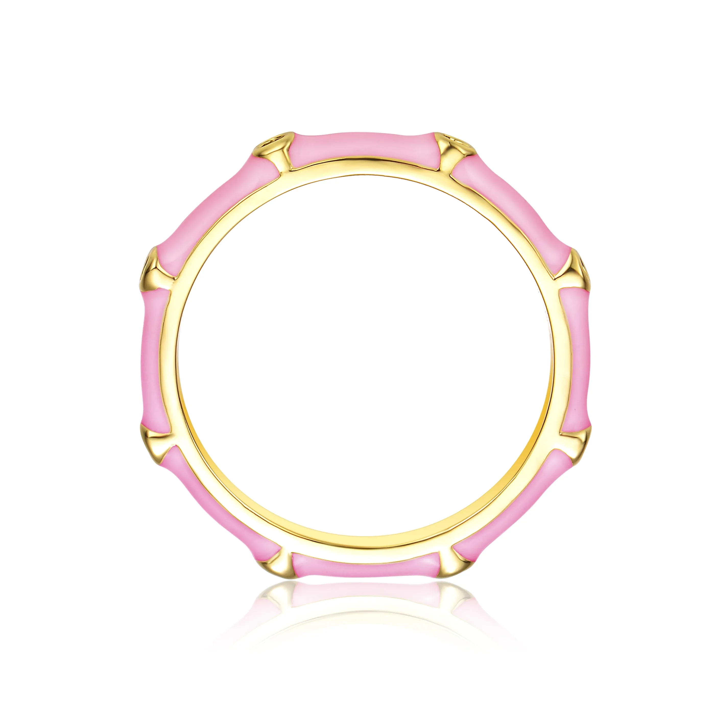 Rg 14k Gold Plated with Diamond Cubic Zirconia Pink Enamel Bamboo Kids/Young Adult Stacking Ring