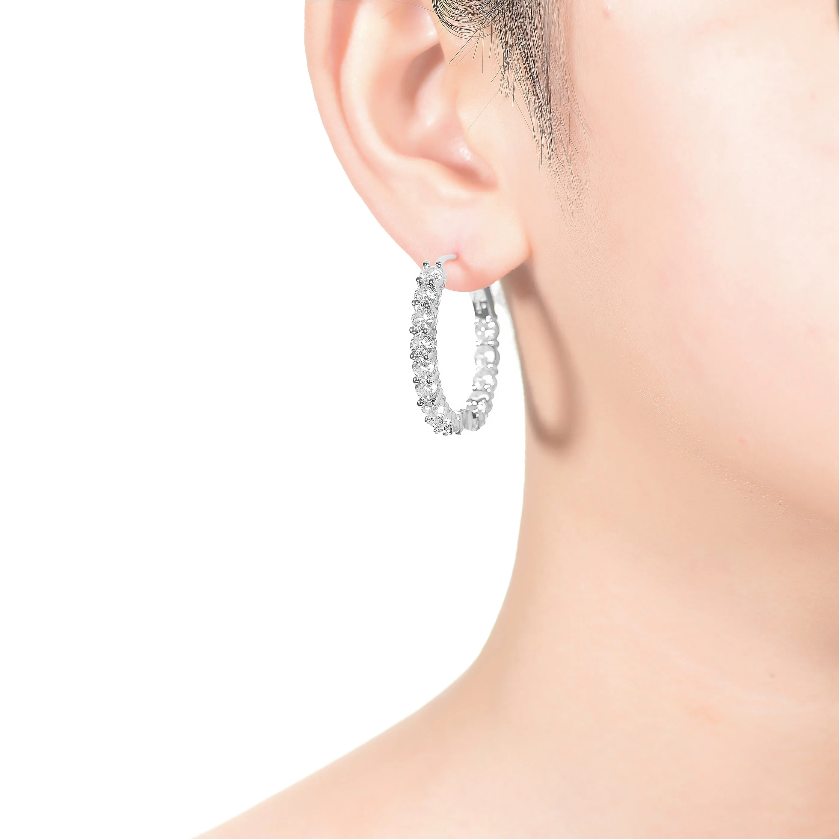 Rg White Gold Plated with Diamond Cubic Zirconia Inside Out Hoop Earrings