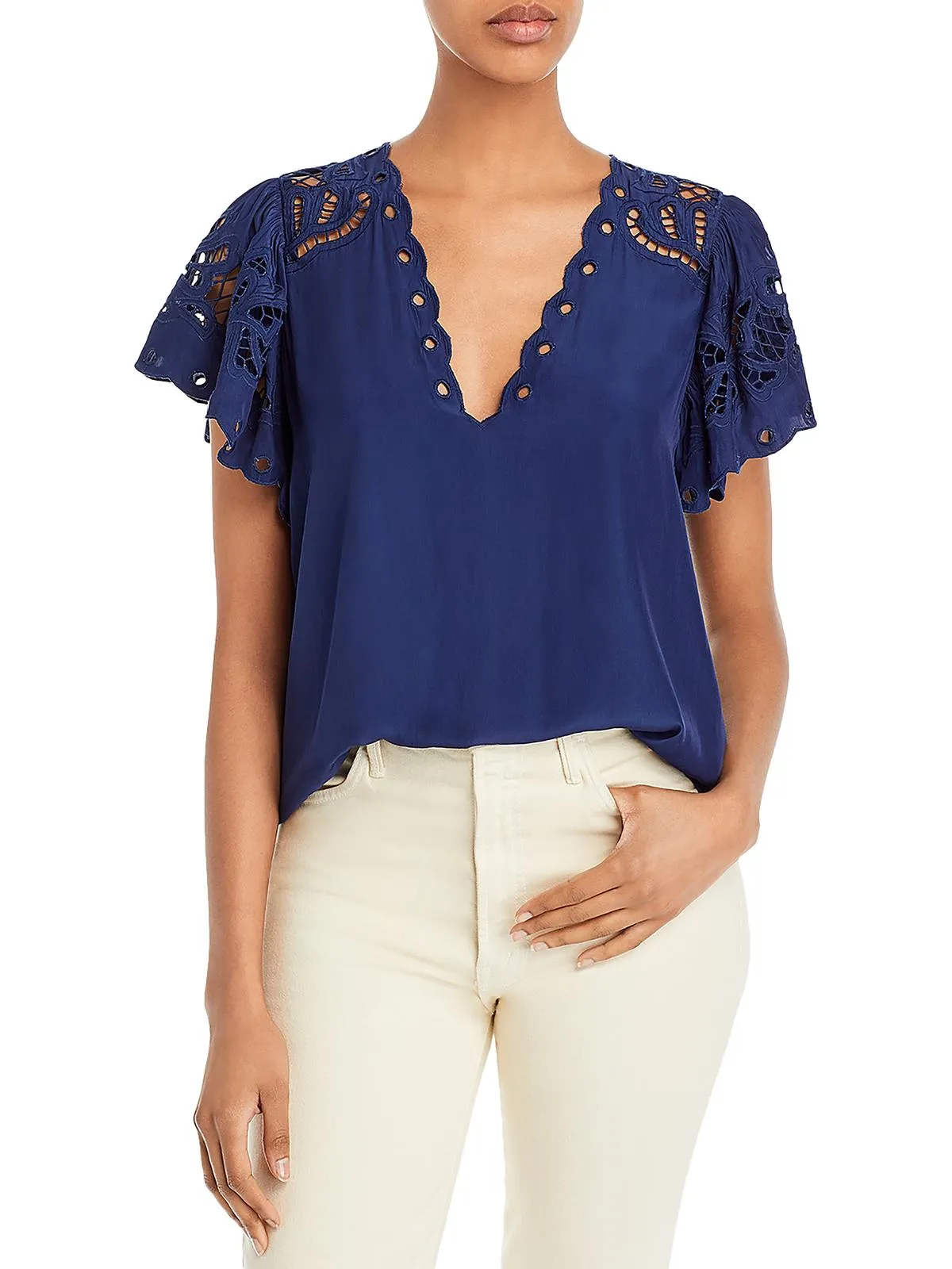 Rochelle Womens V Neck Flutter Sleeve Blouse