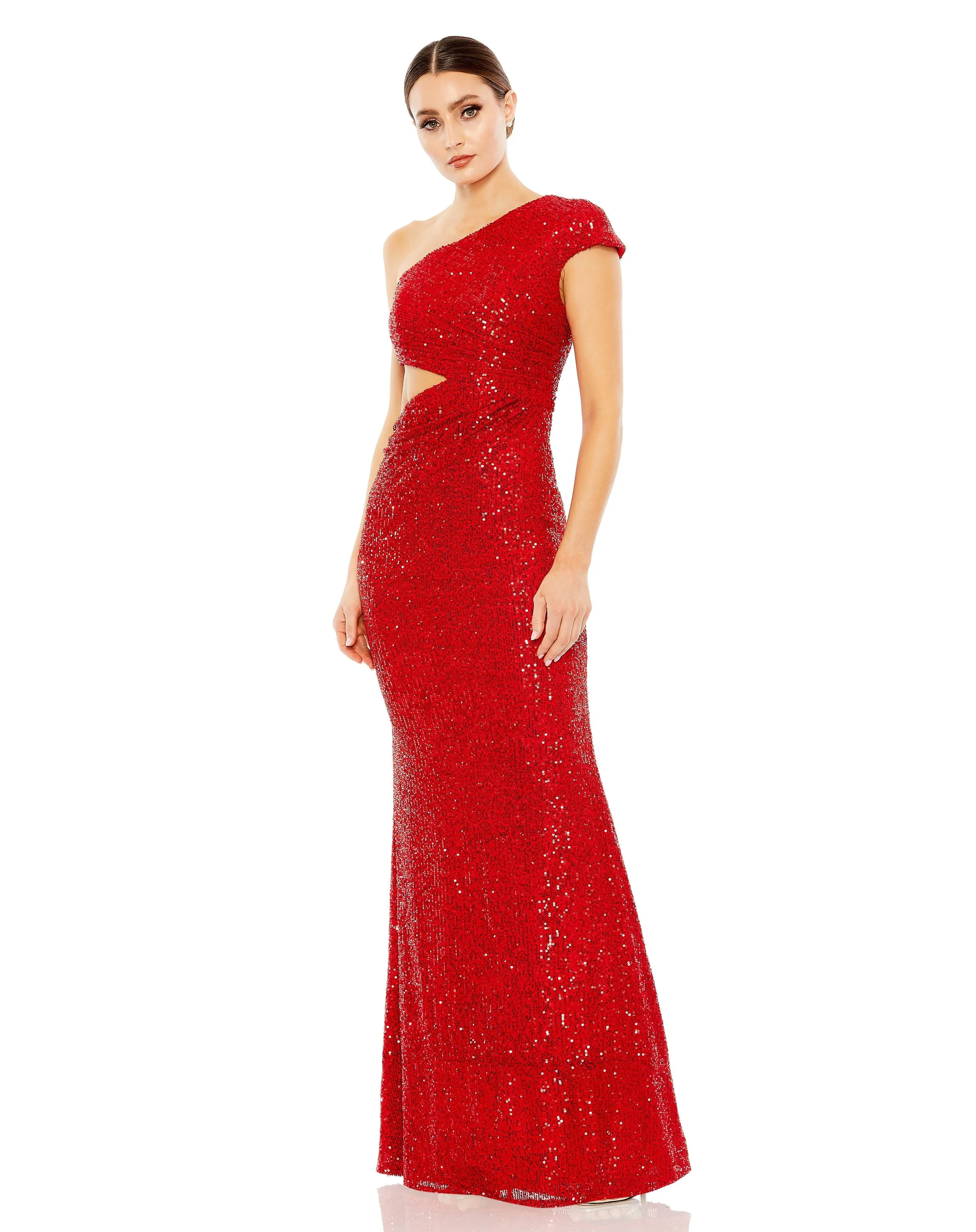 Sequined One Shoulder Cap Sleeve Cut Out Gown