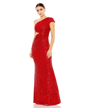 Sequined One Shoulder Cap Sleeve Cut Out Gown