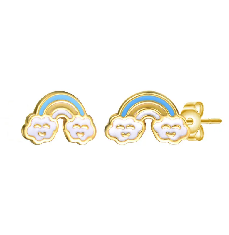 Sterling Silver 14k Gold Plated with Colorful Rainbow Enamel & Friendly Cloud Stud Earrings for Kids