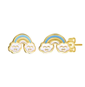 Sterling Silver 14k Gold Plated with Colorful Rainbow Enamel & Friendly Cloud Stud Earrings for Kids