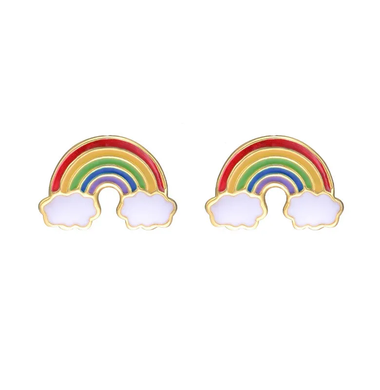 Sterling Silver 14k Gold Plated with Colorful Rainbow Enamel & White Cloud Stud Earrings for Kids