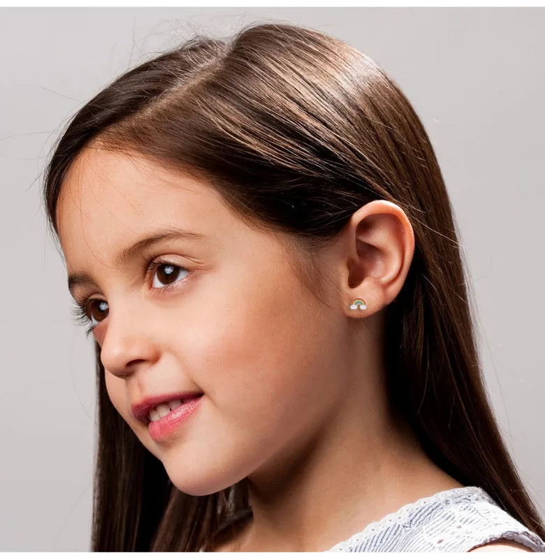 Sterling Silver 14k Gold Plated with Colorful Rainbow Enamel & White Cloud Stud Earrings for Kids