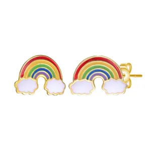 Sterling Silver 14k Gold Plated with Colorful Rainbow Enamel & White Cloud Stud Earrings for Kids