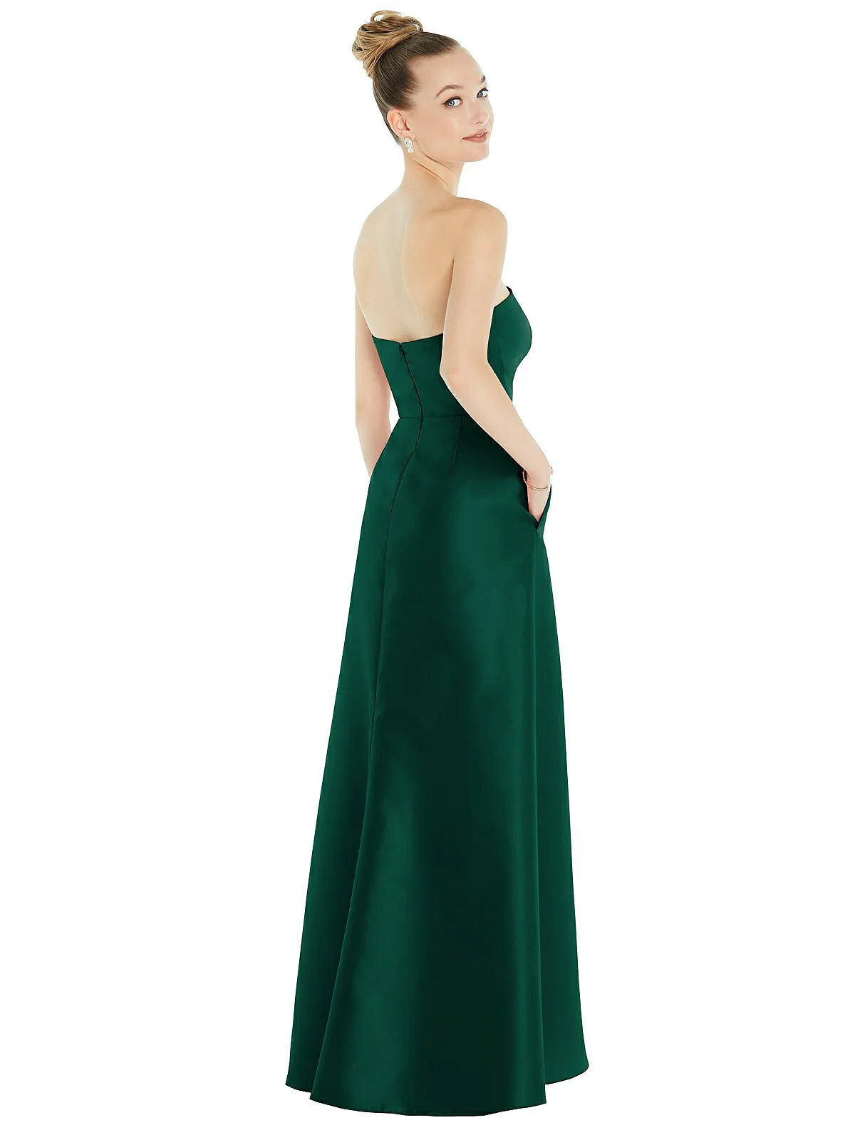 Strapless Satin Gown with Draped Front Slit and Pockets