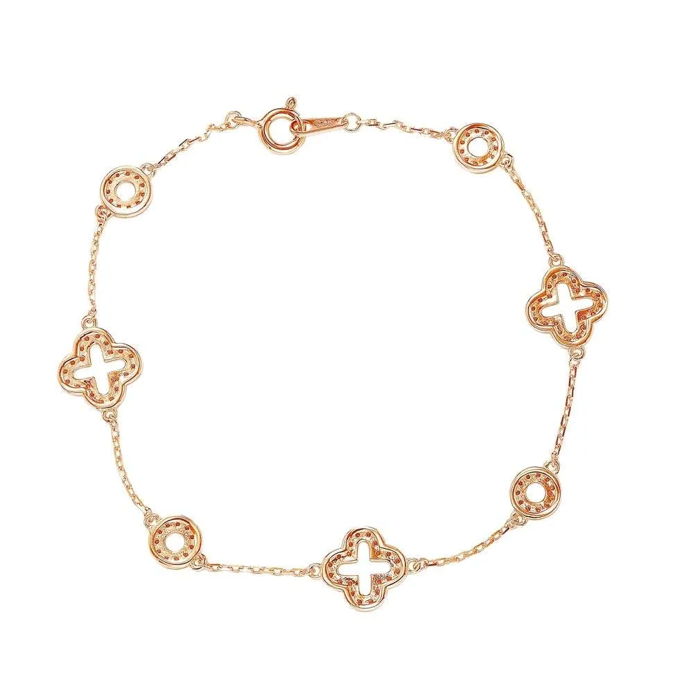 Suzy Levian Rose Sterling Silver White Cubic Zirconia Clover and Circles Bracelet