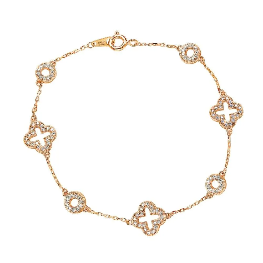 Suzy Levian Rose Sterling Silver White Cubic Zirconia Clover and Circles Bracelet