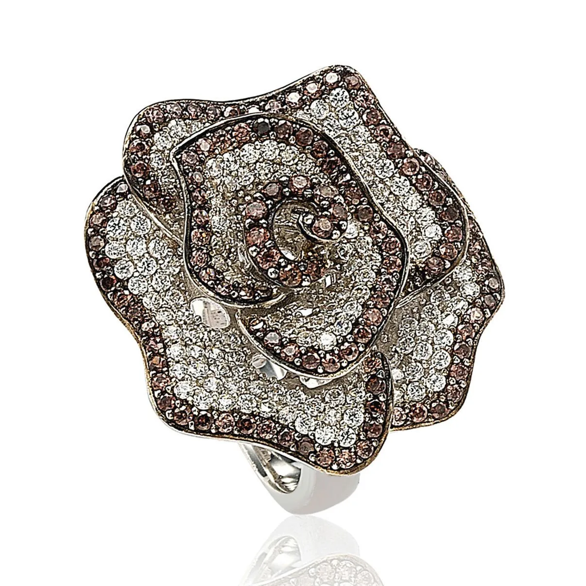 Suzy Levian Sterling Silver Brown and White Cubic Zirconia Pave Flower Ring