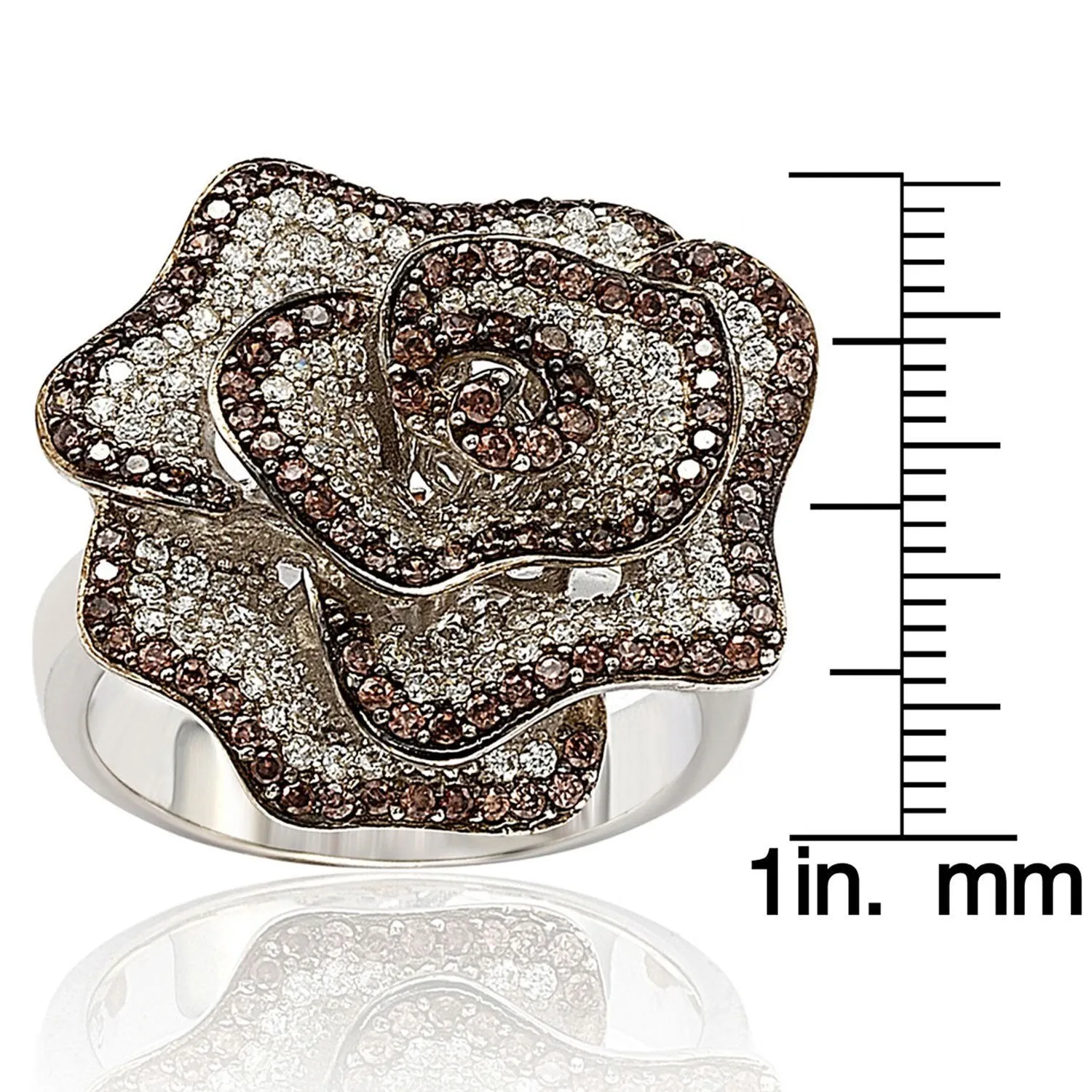 Suzy Levian Sterling Silver Brown and White Cubic Zirconia Pave Flower Ring