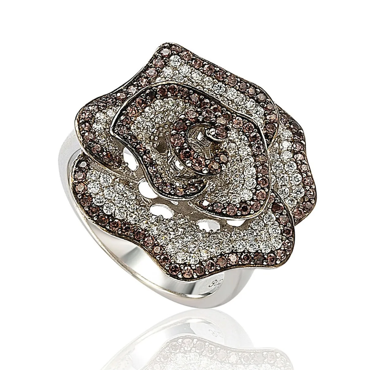Suzy Levian Sterling Silver Brown and White Cubic Zirconia Pave Flower Ring
