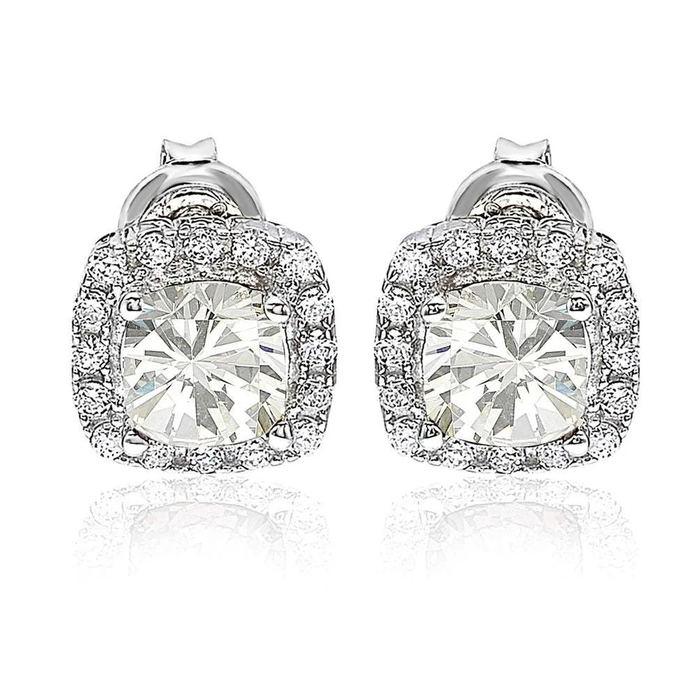 Suzy Levian White Cubic Zirconia Sterling Silver Princess Diana Stud Earrings