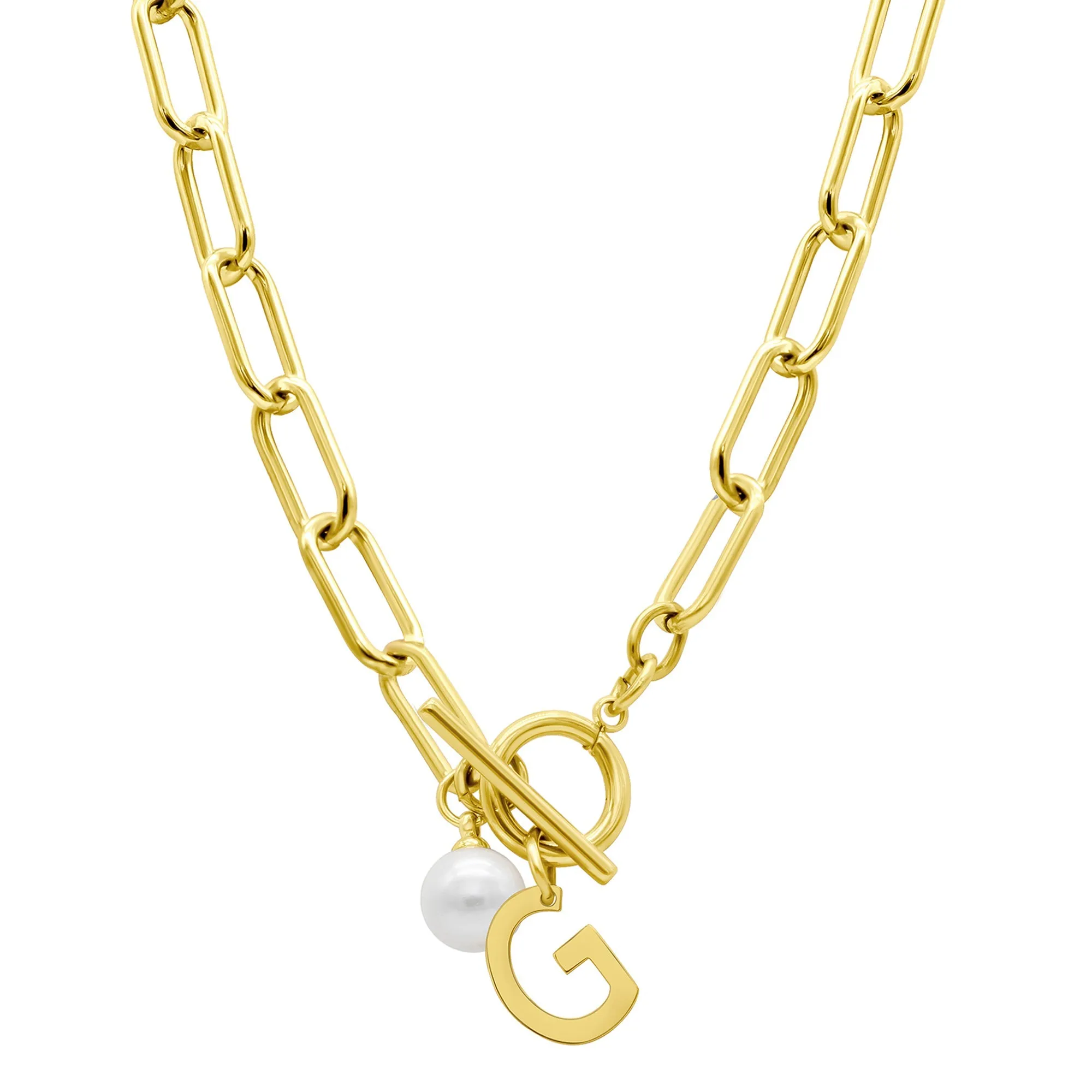 Tarnish Resistant 14k Gold Plated Freshwater Pearl Initial Toggle Necklace