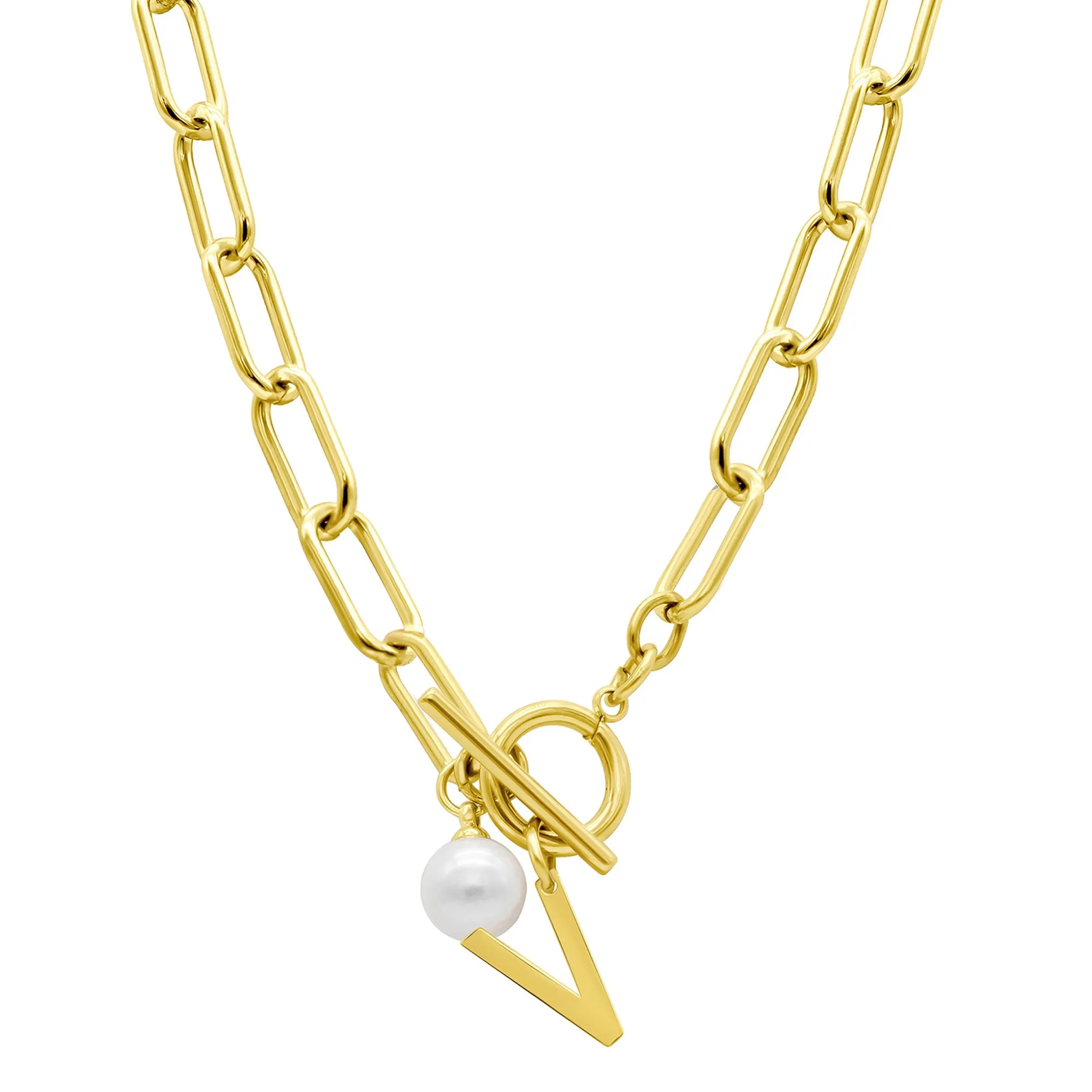 Tarnish Resistant 14k Gold Plated Freshwater Pearl Initial Toggle Necklace