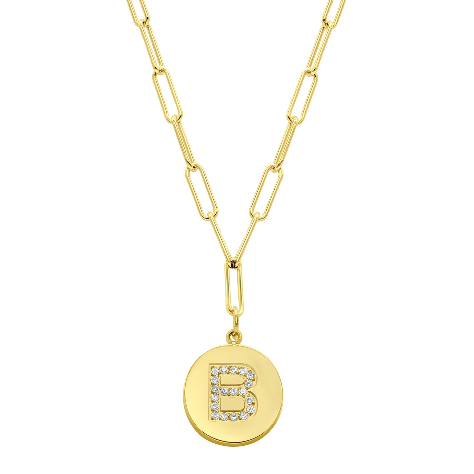 Tarnish Resistant 14K Gold Plated Pave Crystal Initial Disc Paperclip Necklace