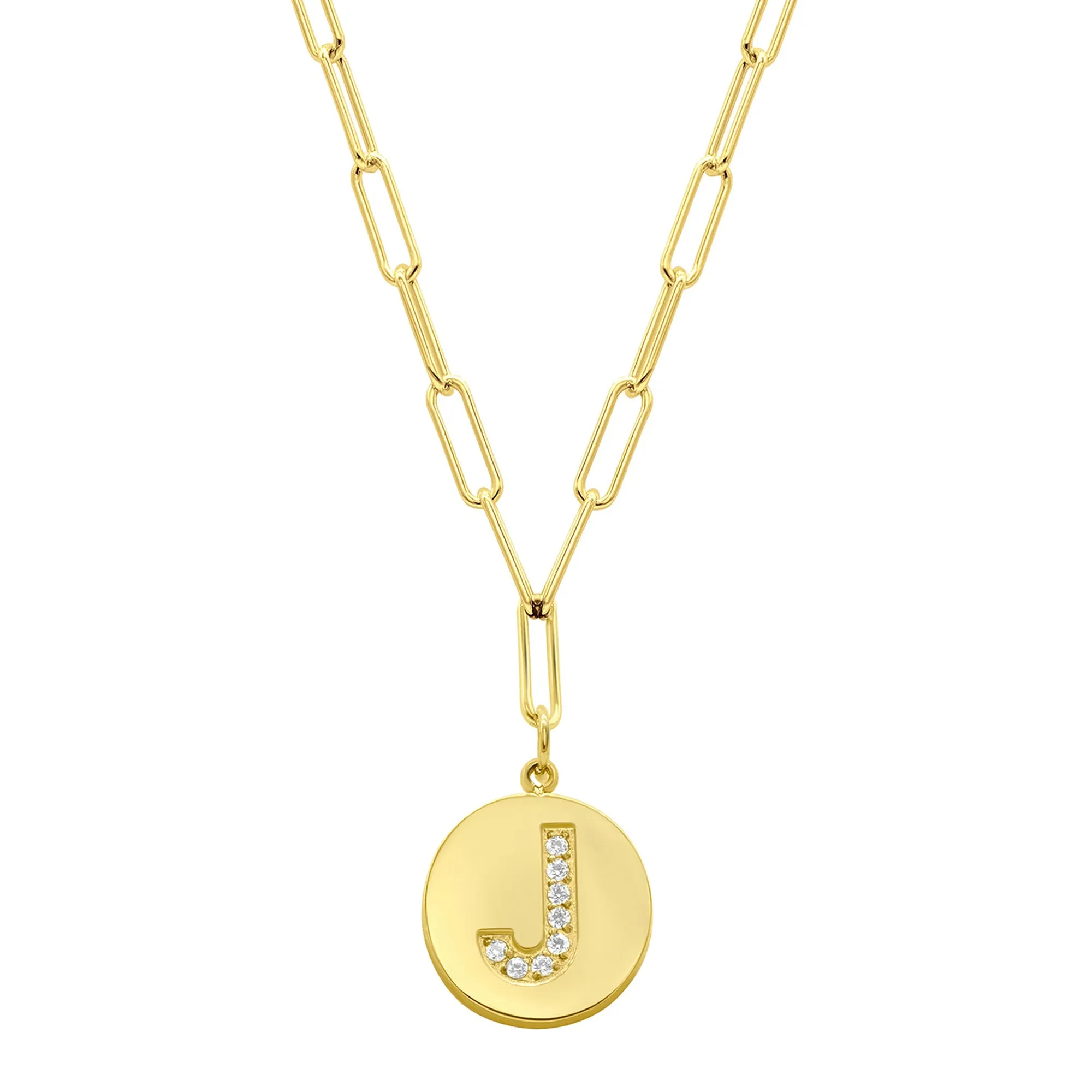 Tarnish Resistant 14K Gold Plated Pave Crystal Initial Disc Paperclip Necklace