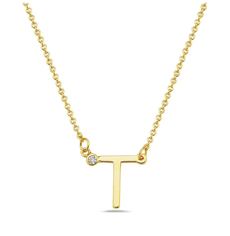 Teens Stylish 14k Gold Plated Cubic Zirconia Initial Necklace