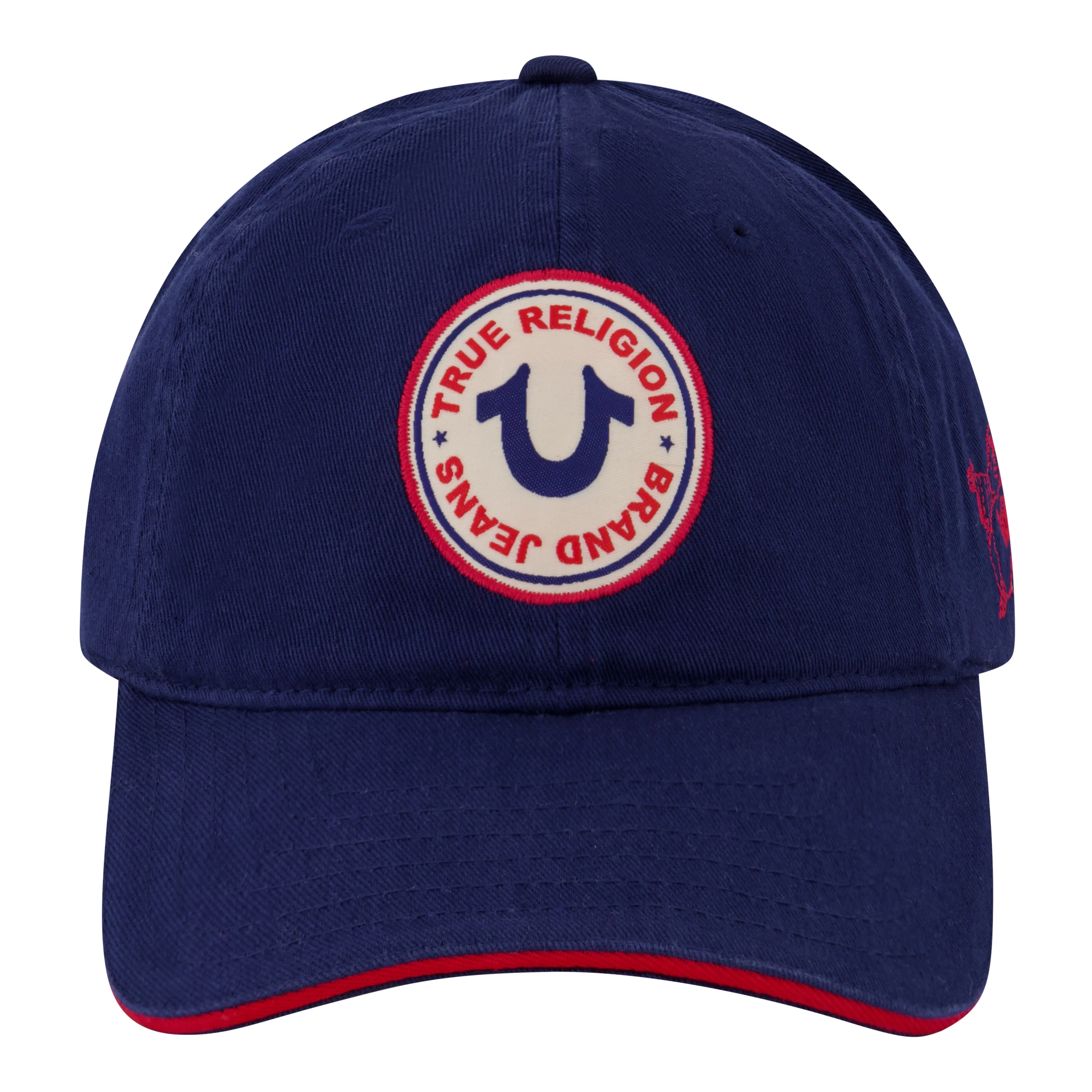True Religion Baseball Cap, 5 Panel Cotton Twill Kids Baseball Hat with Round Woven Patch Logo, Adjustable, Blue, One Size