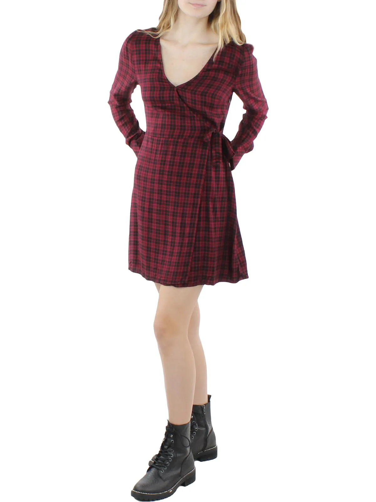 Upbeat Womens Faux Wrap Plaid Party Dress
